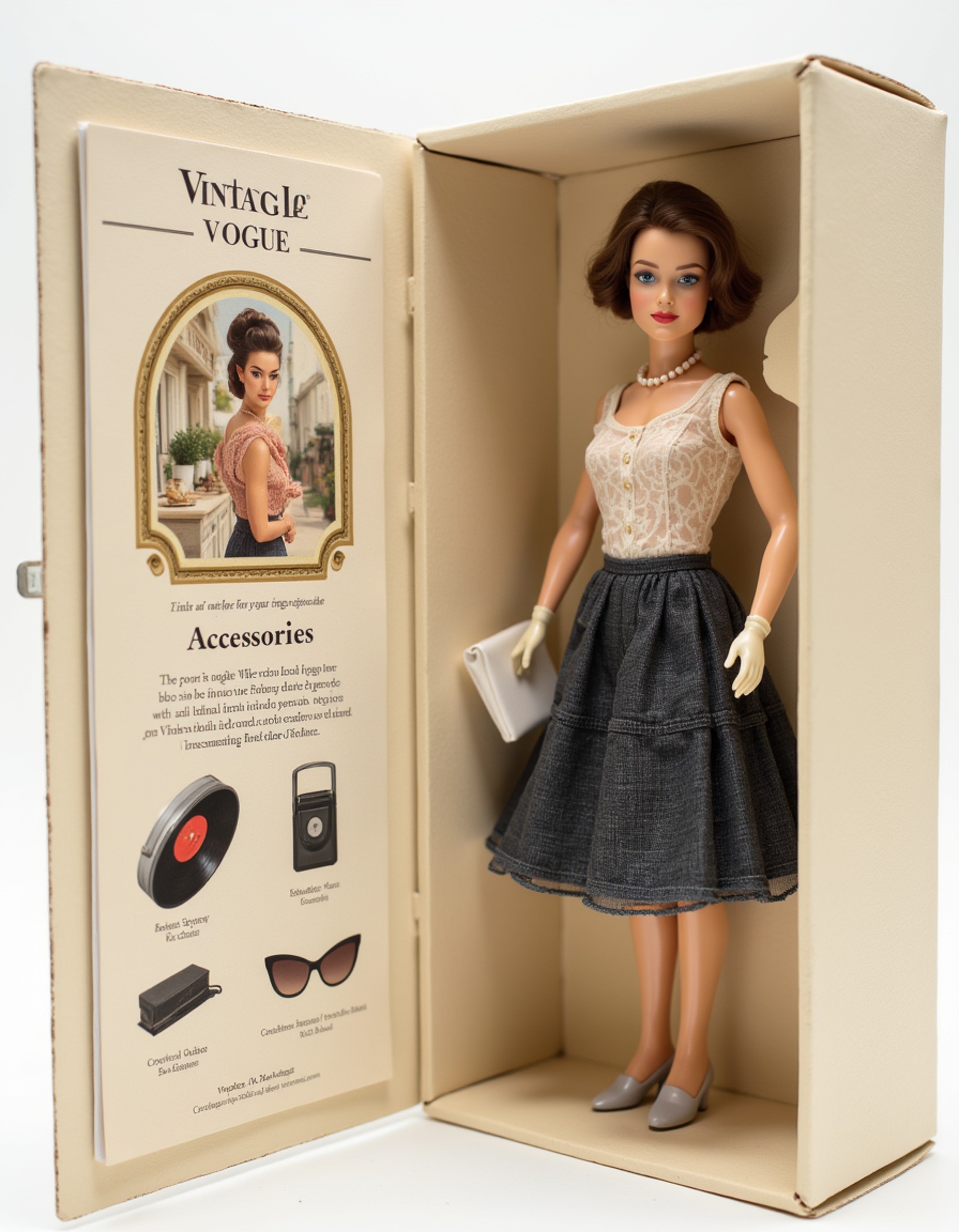 model as an action figure in packaging labeled 'VINTAGE VOGUE'. Use model as a reference for the face. Model is 6 inches tall and dressed in retro 1950s attire, holding a vintage clutch. The cardboard section should be cream. Include an 'Accessories' section with items like pearl necklace, retro sunglasses, and vinyl record. Make the design visually appealing and reflective of vintage fashion. Do not include the character image on packaging.