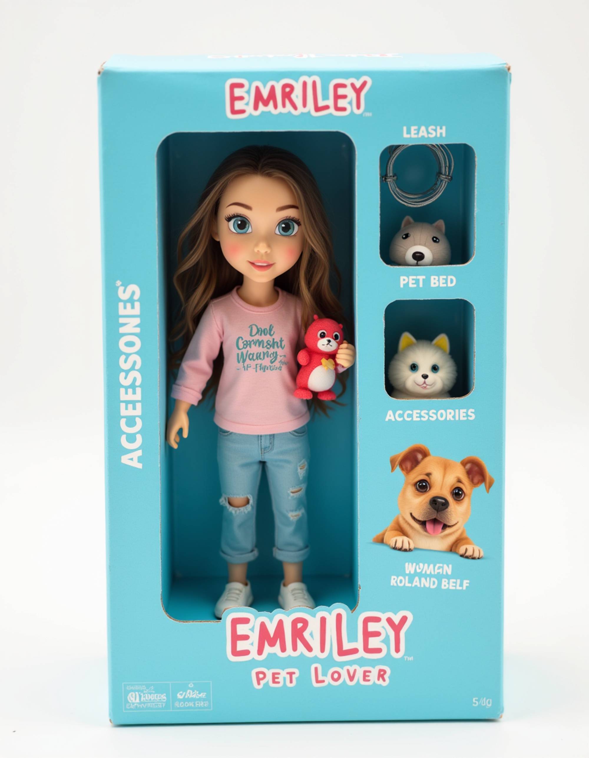 model as an action figure in packaging labeled 'PET LOVER'. Use model as a reference for the face. Model is 6 inches tall and dressed in casual pet-friendly attire, holding a pet toy. The cardboard section should be light blue. Include an 'Accessories' section with items like pet leash, pet bed, and treat bag. Make the design visually appealing and reflective of pet care culture. Do not include the character image on packaging.