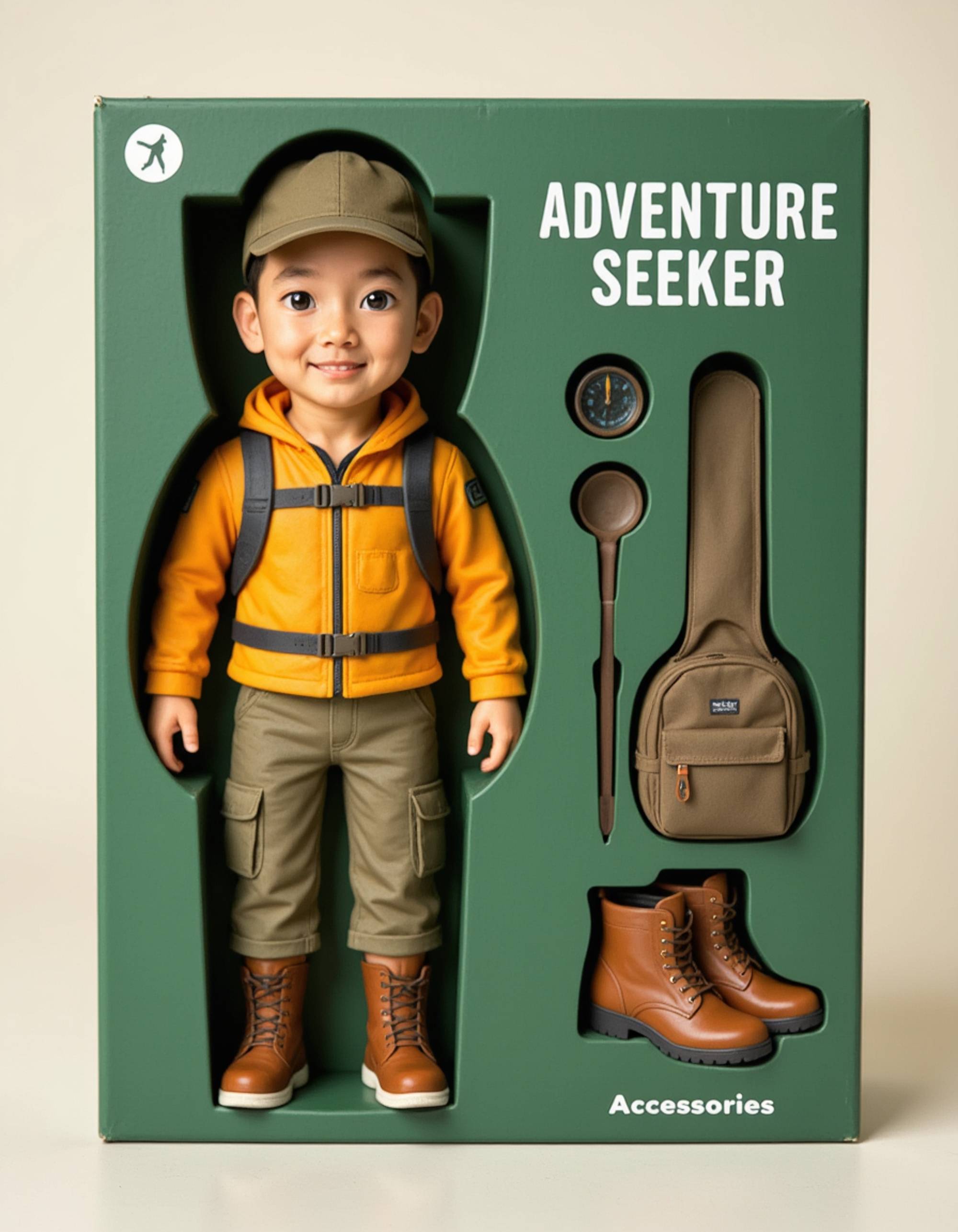 model as an action figure in packaging labeled 'ADVENTURE SEEKER'. Use model as a reference for the face. Model is 6 inches tall and dressed in outdoor explorer attire, holding a backpack. The cardboard section should be forest green. Include an 'Accessories' section with items like compass, hiking boots, and map. Make the design visually appealing and reflective of adventure and outdoor culture. Do not include the character image on packaging.