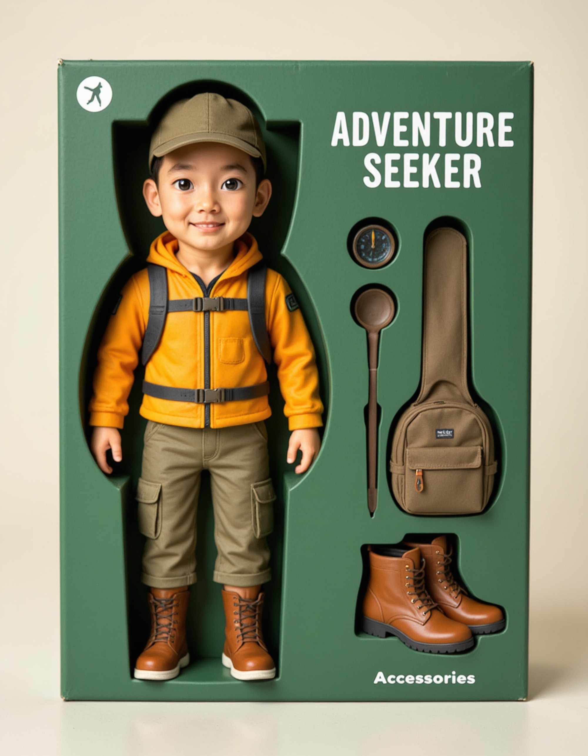 model as an action figure in packaging labeled 'ADVENTURE SEEKER'. Use model as a reference for the face. Model is 6 inches tall and dressed in outdoor explorer attire, holding a backpack. The cardboard section should be forest green. Include an 'Accessories' section with items like compass, hiking boots, and map. Make the design visually appealing and reflective of adventure and outdoor culture. Do not include the character image on packaging.