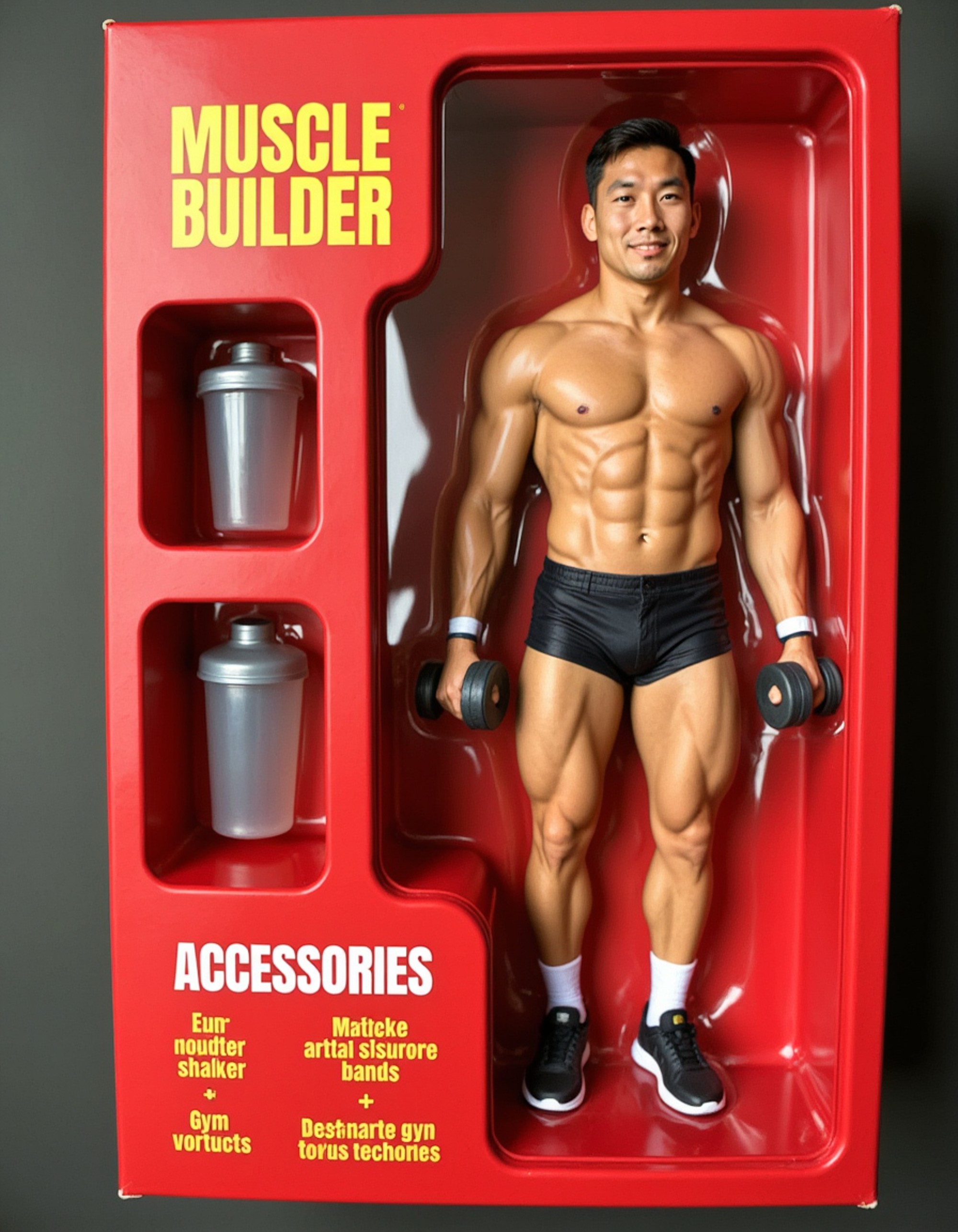 model as an action figure in packaging labeled 'MUSCLE BUILDER'. Use model as a reference for the face. Model is 6 inches tall and dressed in gym workout clothes, striking a flexing pose with dumbbells. The cardboard section should be bold red. Include an 'Accessories' section with items like protein shaker, resistance bands, and gym towel. Make the design visually appealing and reflective of fitness culture. Do not include the character image on packaging.