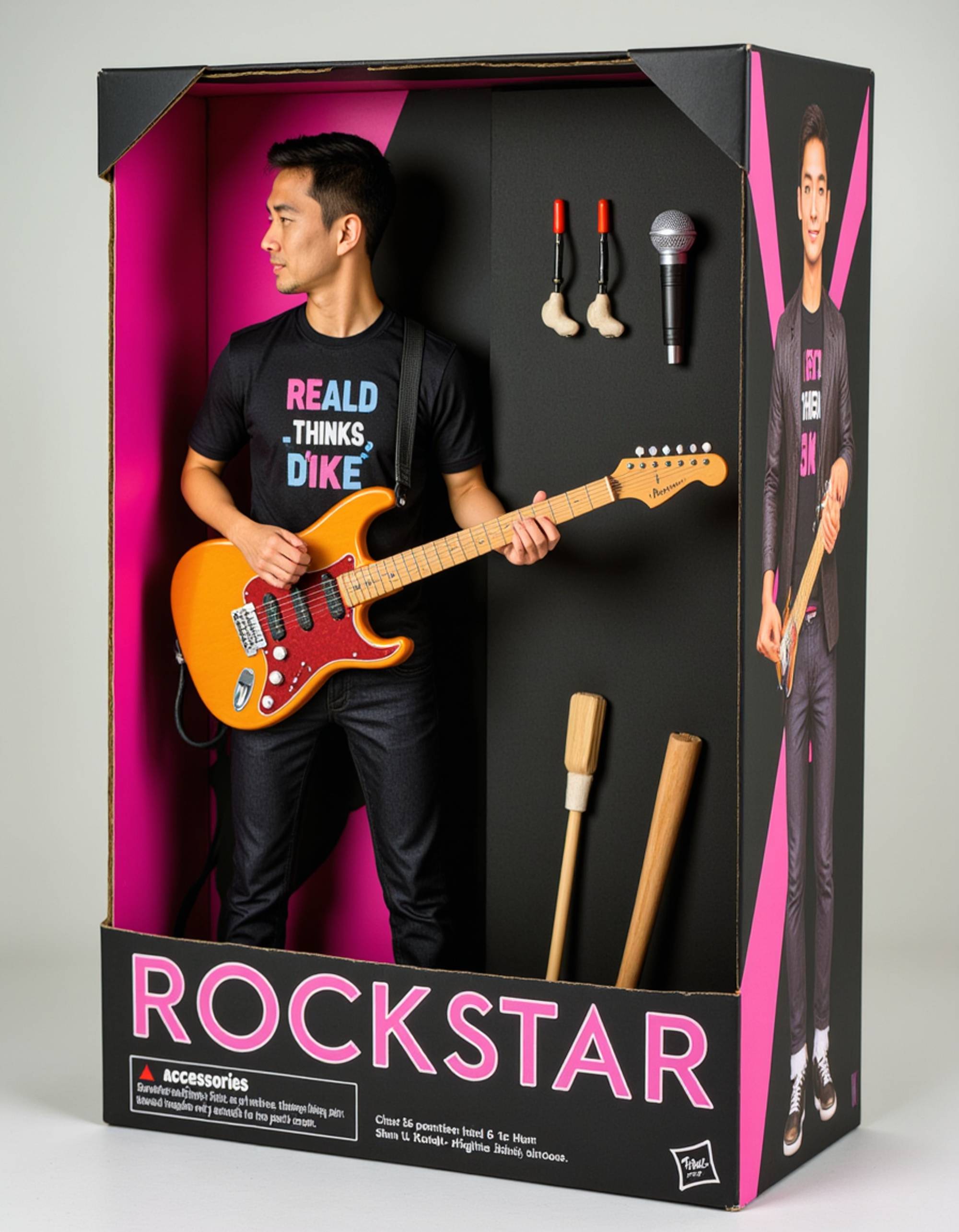 model as an action figure in packaging labeled 'ROCKSTAR'. Use model as a reference for the face. Model is 6 inches tall and dressed in leather jacket and band tee, holding an electric guitar. The cardboard section should be black with neon accents. Include an 'Accessories' section with items like microphone, drumsticks, and stage pass. Make the design visually appealing and reflective of music rock culture. Do not include the character image on packaging.