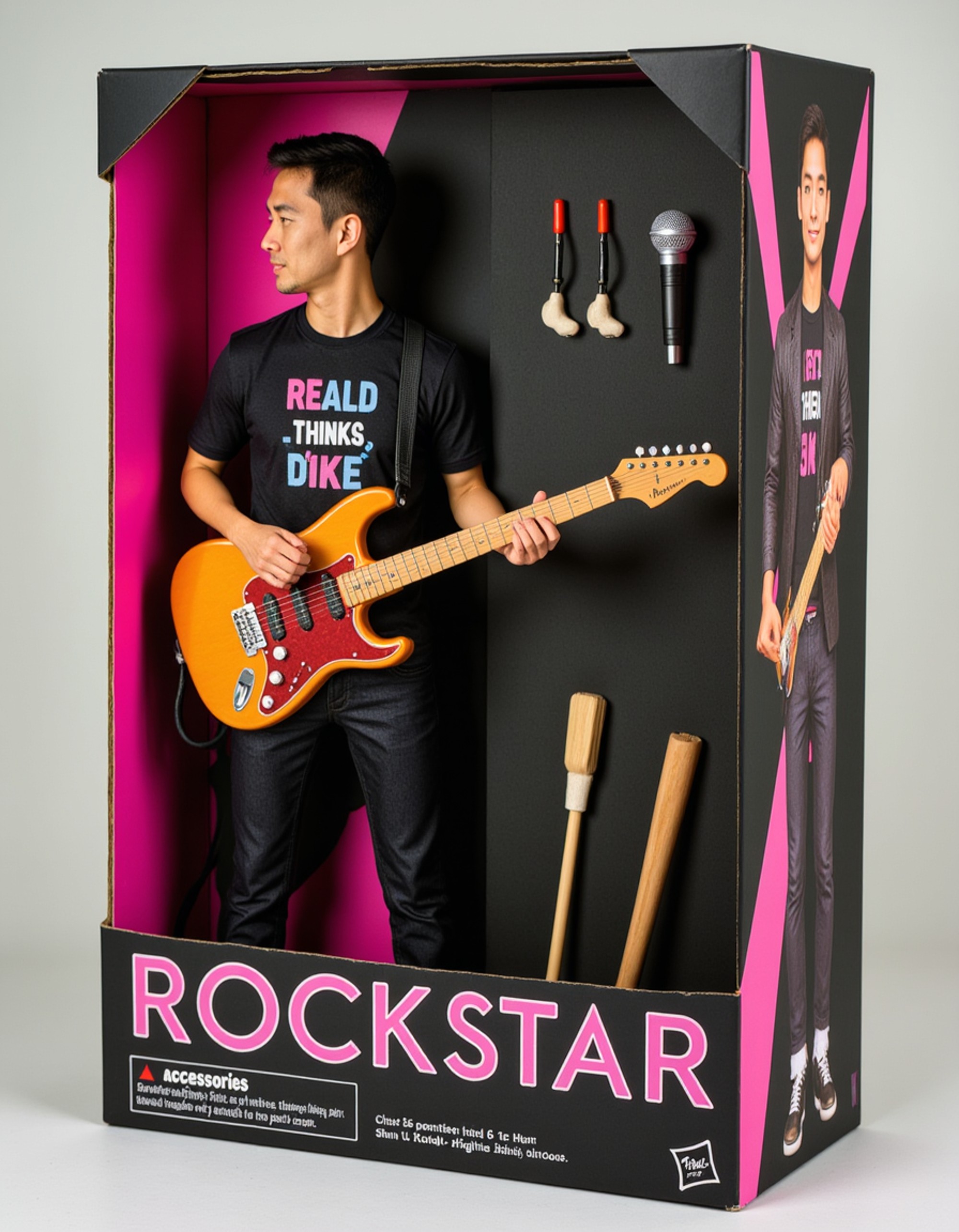 model as an action figure in packaging labeled 'ROCKSTAR'. Use model as a reference for the face. Model is 6 inches tall and dressed in leather jacket and band tee, holding an electric guitar. The cardboard section should be black with neon accents. Include an 'Accessories' section with items like microphone, drumsticks, and stage pass. Make the design visually appealing and reflective of music rock culture. Do not include the character image on packaging.