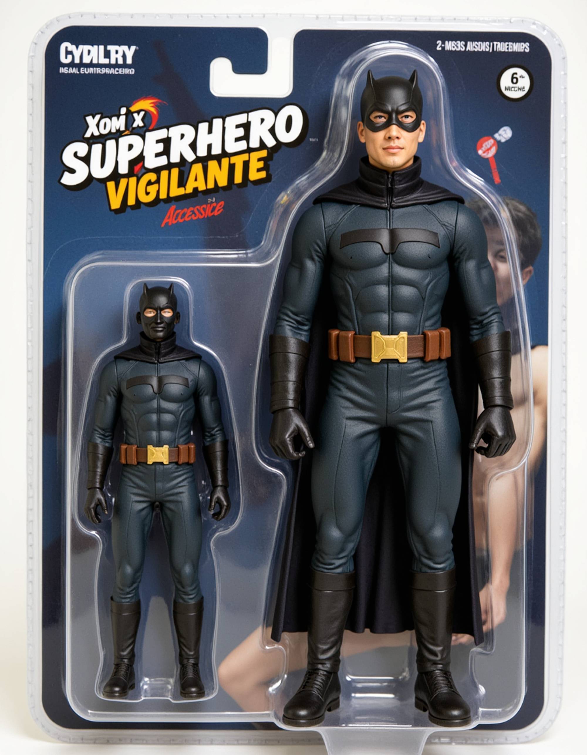 model as an action figure in packaging labeled 'SUPERHERO VIGILANTE'. Use model as a reference for the face. Model is 6 inches tall and dressed in a dark cape and mask outfit, holding a grappling hook. The cardboard section should be midnight blue. Include an 'Accessories' section with items like utility belt, shield emblem, and smoke bomb. Make the design visually appealing and reflective of superhero lore. Do not include the character image on packaging.