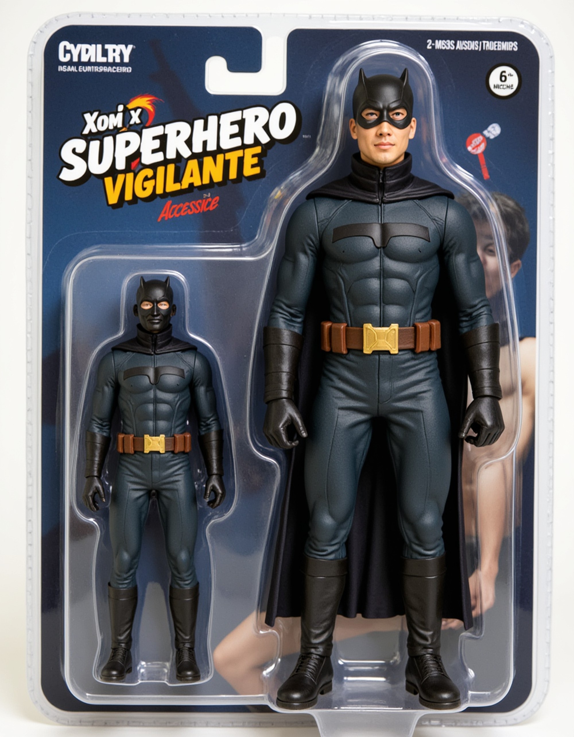 model as an action figure in packaging labeled 'SUPERHERO VIGILANTE'. Use model as a reference for the face. Model is 6 inches tall and dressed in a dark cape and mask outfit, holding a grappling hook. The cardboard section should be midnight blue. Include an 'Accessories' section with items like utility belt, shield emblem, and smoke bomb. Make the design visually appealing and reflective of superhero lore. Do not include the character image on packaging.