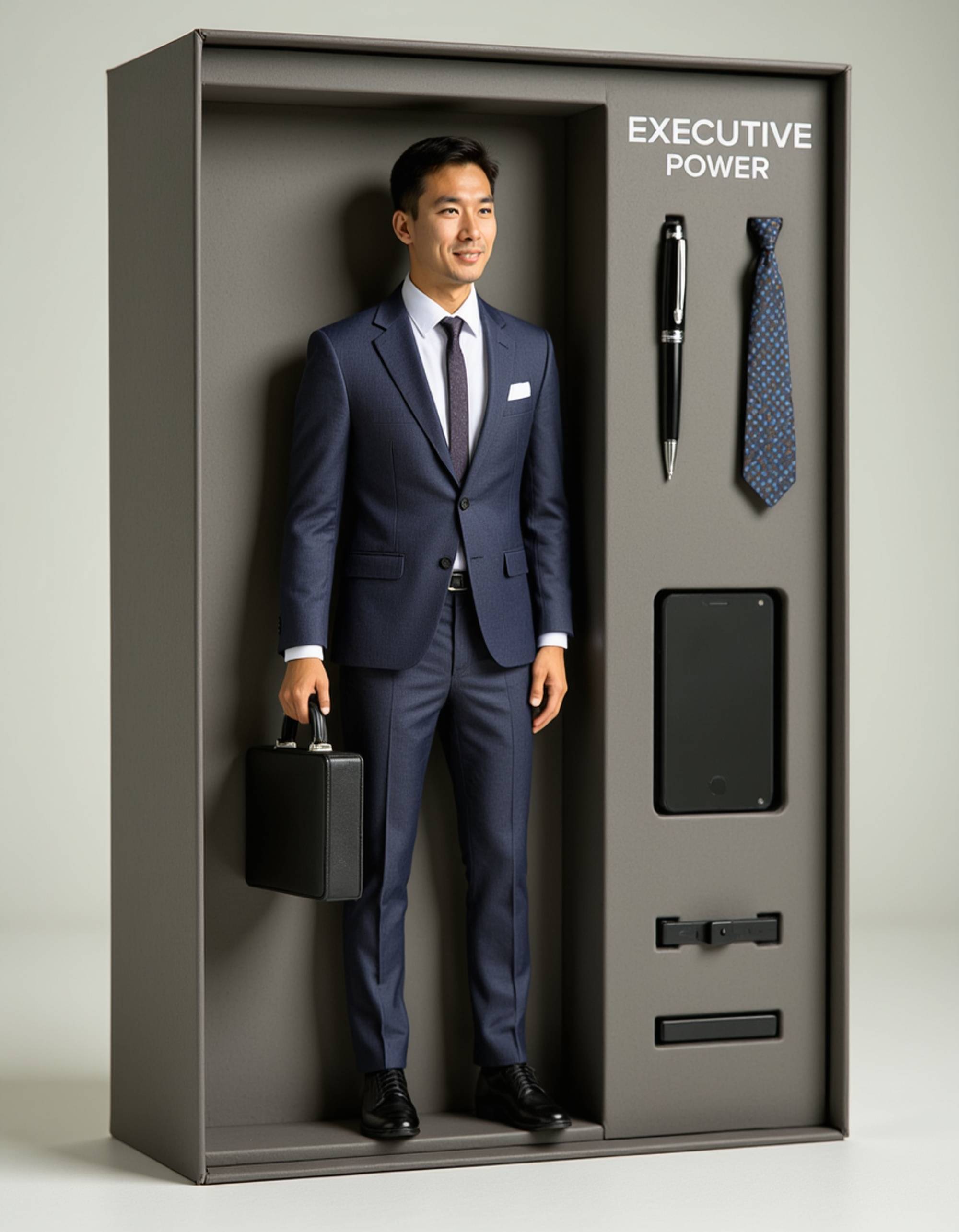 model as an action figure in packaging labeled 'EXECUTIVE POWER'. Use model as a reference for the face. Model is 6 inches tall and dressed in a sharp business suit, holding a briefcase. The cardboard section should be charcoal gray. Include an 'Accessories' section with items like tie clip, fountain pen, and smartphone. Make the design visually appealing and reflective of corporate success culture. Do not include the character image on packaging.