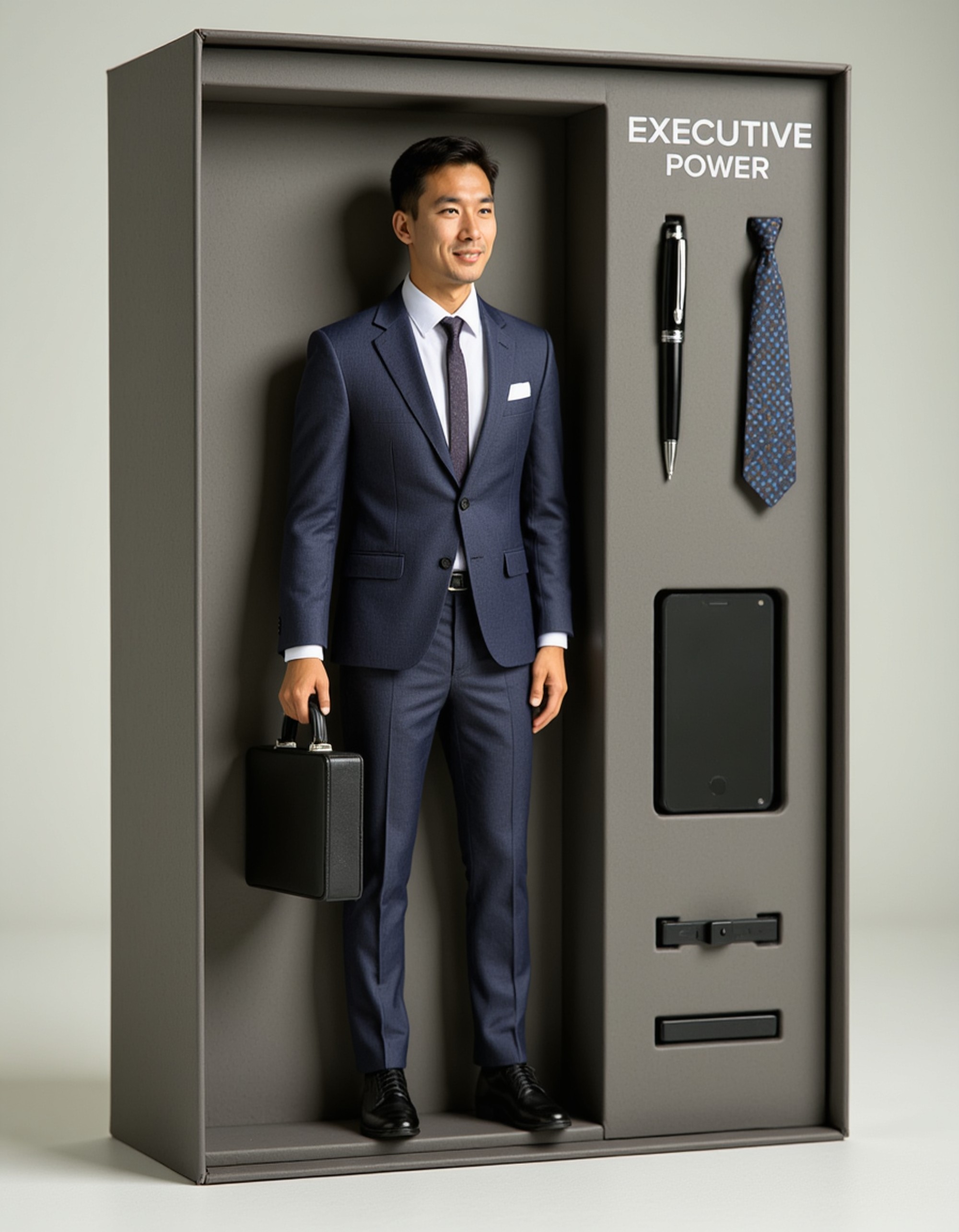 model as an action figure in packaging labeled 'EXECUTIVE POWER'. Use model as a reference for the face. Model is 6 inches tall and dressed in a sharp business suit, holding a briefcase. The cardboard section should be charcoal gray. Include an 'Accessories' section with items like tie clip, fountain pen, and smartphone. Make the design visually appealing and reflective of corporate success culture. Do not include the character image on packaging.