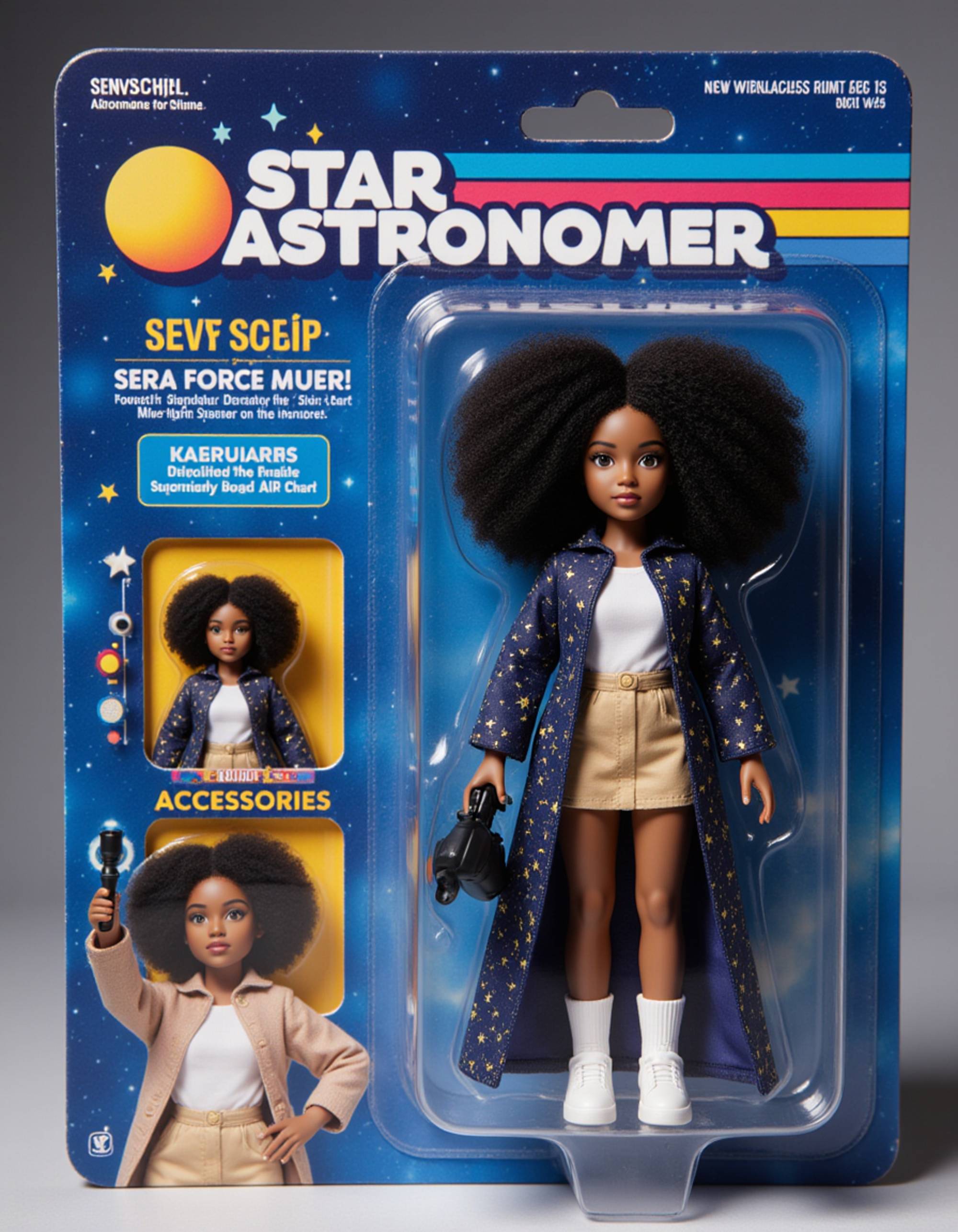 model as an action figure in packaging labeled 'STAR ASTRONOMER'. Use model as a reference for the face. Model is 6 inches tall and dressed in astronomer attire with a starry cloak, holding a telescope. The cardboard section should be midnight blue. Include an 'Accessories' section with items like star chart, binoculars, and notebook. Make the design visually appealing and reflective of astronomy culture. Do not include the character image on packaging.