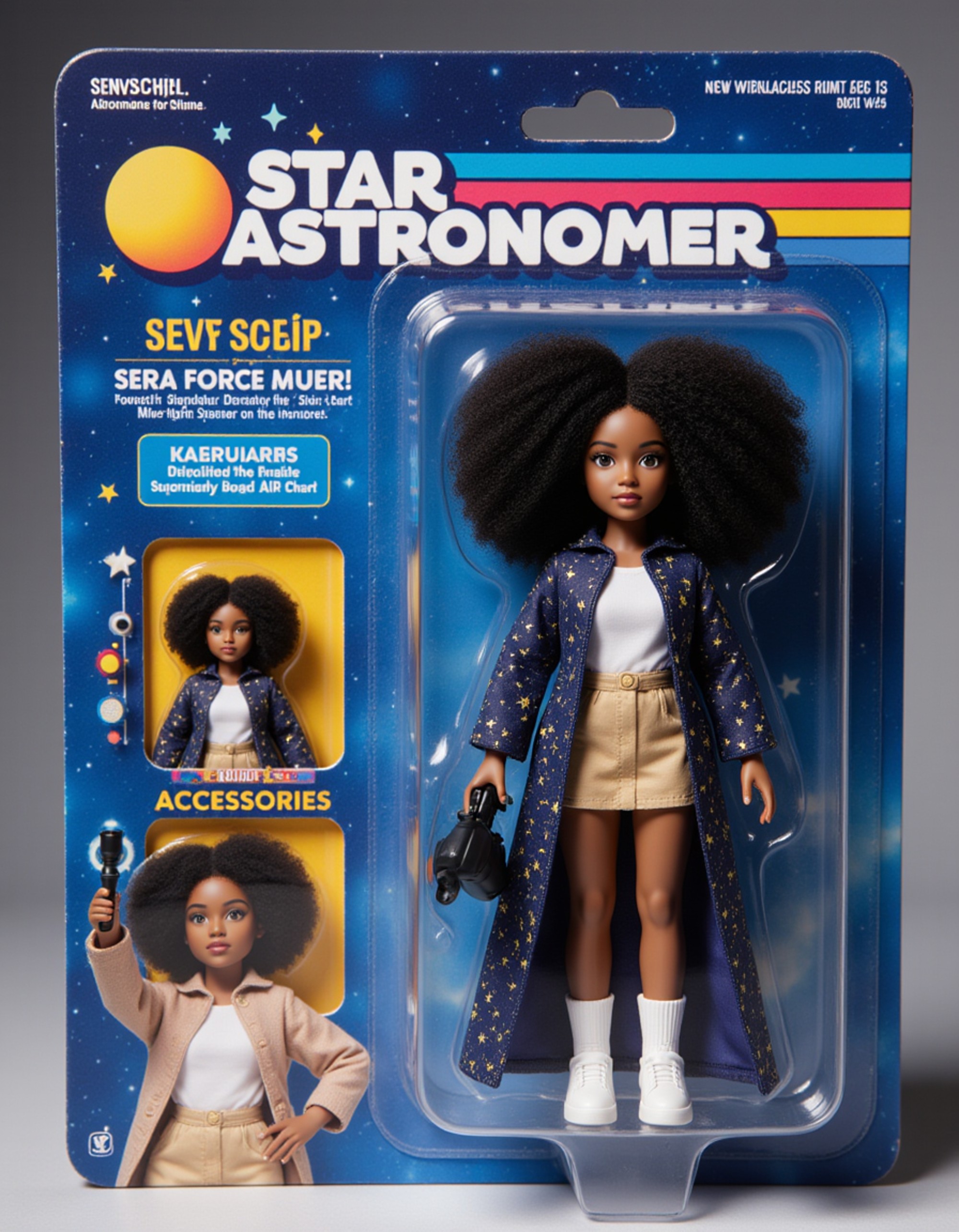 model as an action figure in packaging labeled 'STAR ASTRONOMER'. Use model as a reference for the face. Model is 6 inches tall and dressed in astronomer attire with a starry cloak, holding a telescope. The cardboard section should be midnight blue. Include an 'Accessories' section with items like star chart, binoculars, and notebook. Make the design visually appealing and reflective of astronomy culture. Do not include the character image on packaging.