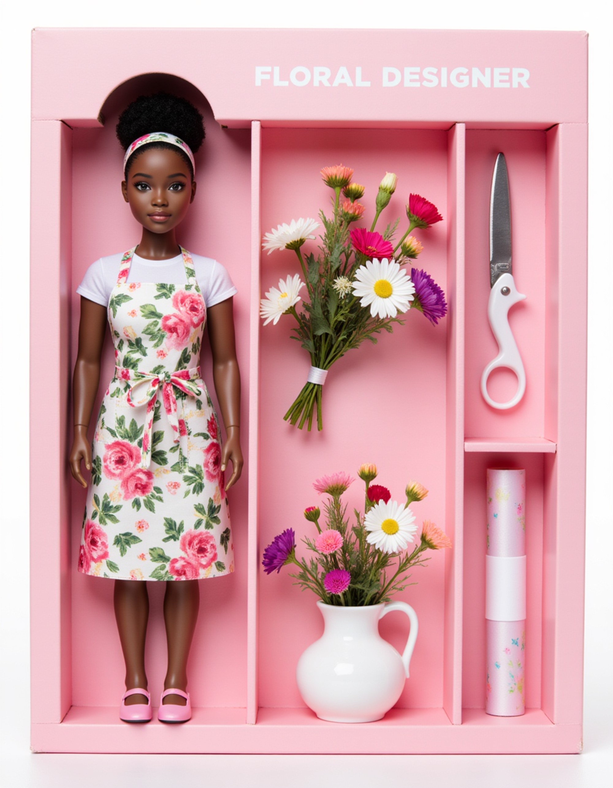 model as an action figure in packaging labeled 'FLORAL DESIGNER'. Use model as a reference for the face. Model is 6 inches tall and dressed in a floral apron, holding a bouquet of flowers. The cardboard section should be soft pink. Include an 'Accessories' section with items like pruning shears, flower vase, and ribbon roll. Make the design visually appealing and reflective of floral artistry. Do not include the character image on packaging.