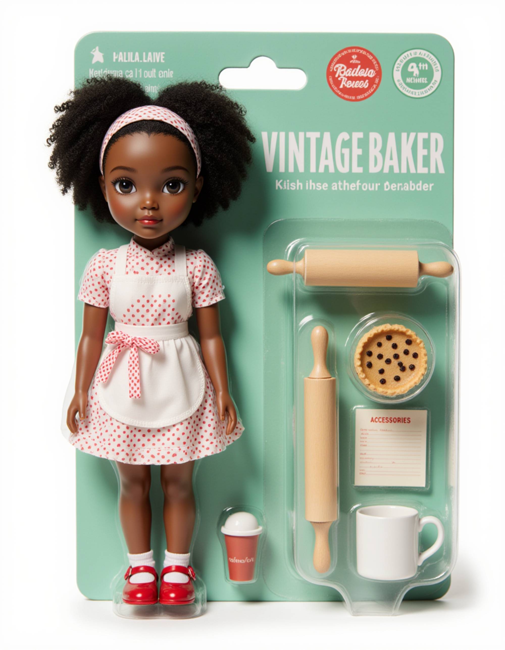 model as an action figure in packaging labeled 'VINTAGE BAKER'. Use model as a reference for the face. Model is 6 inches tall and dressed in a retro baking outfit with polka dot apron, holding a pie. The cardboard section should be mint green. Include an 'Accessories' section with items like rolling pin, pie tin, and recipe card. Make the design visually appealing and reflective of vintage baking culture. Do not include the character image on packaging.