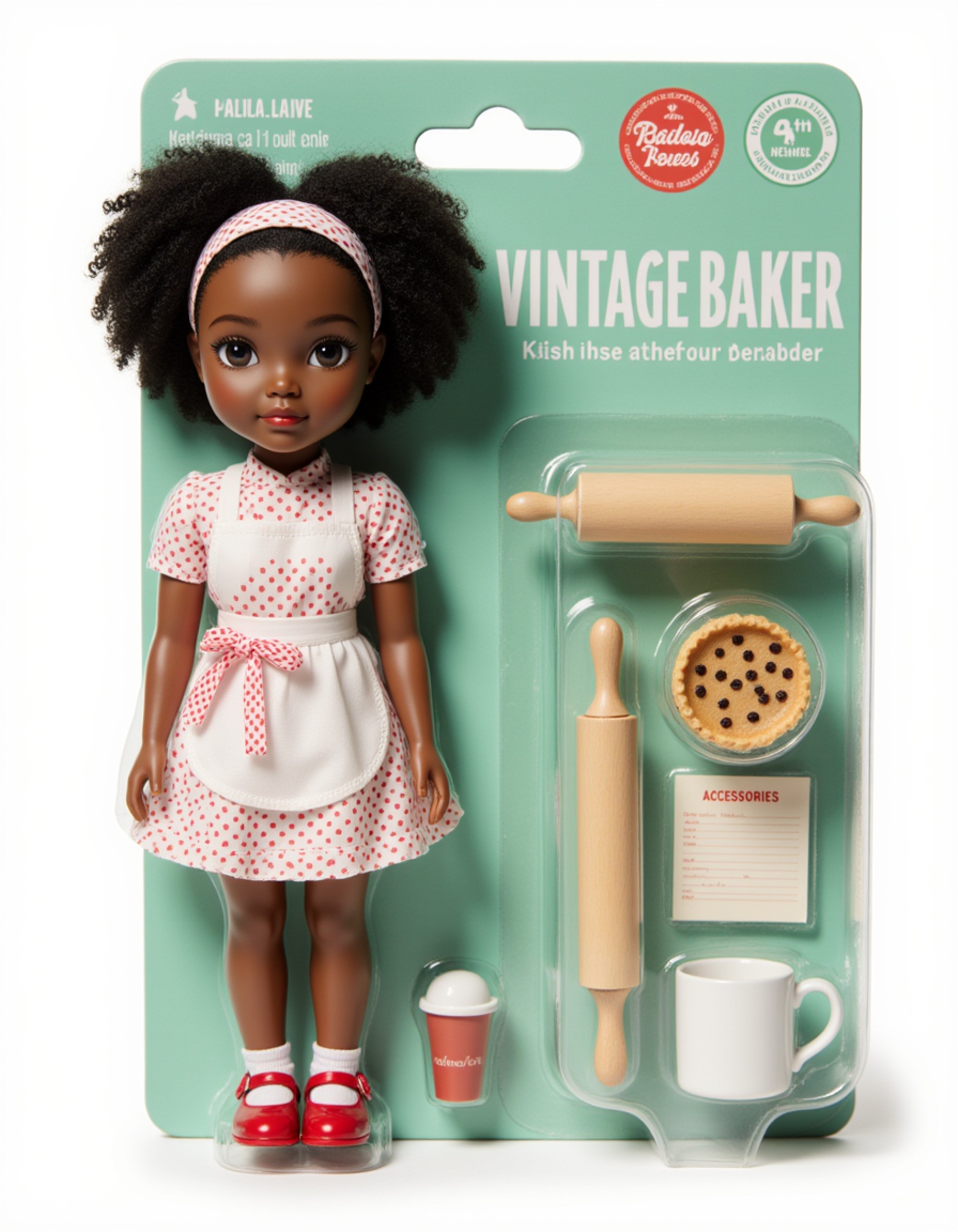 model as an action figure in packaging labeled 'VINTAGE BAKER'. Use model as a reference for the face. Model is 6 inches tall and dressed in a retro baking outfit with polka dot apron, holding a pie. The cardboard section should be mint green. Include an 'Accessories' section with items like rolling pin, pie tin, and recipe card. Make the design visually appealing and reflective of vintage baking culture. Do not include the character image on packaging.