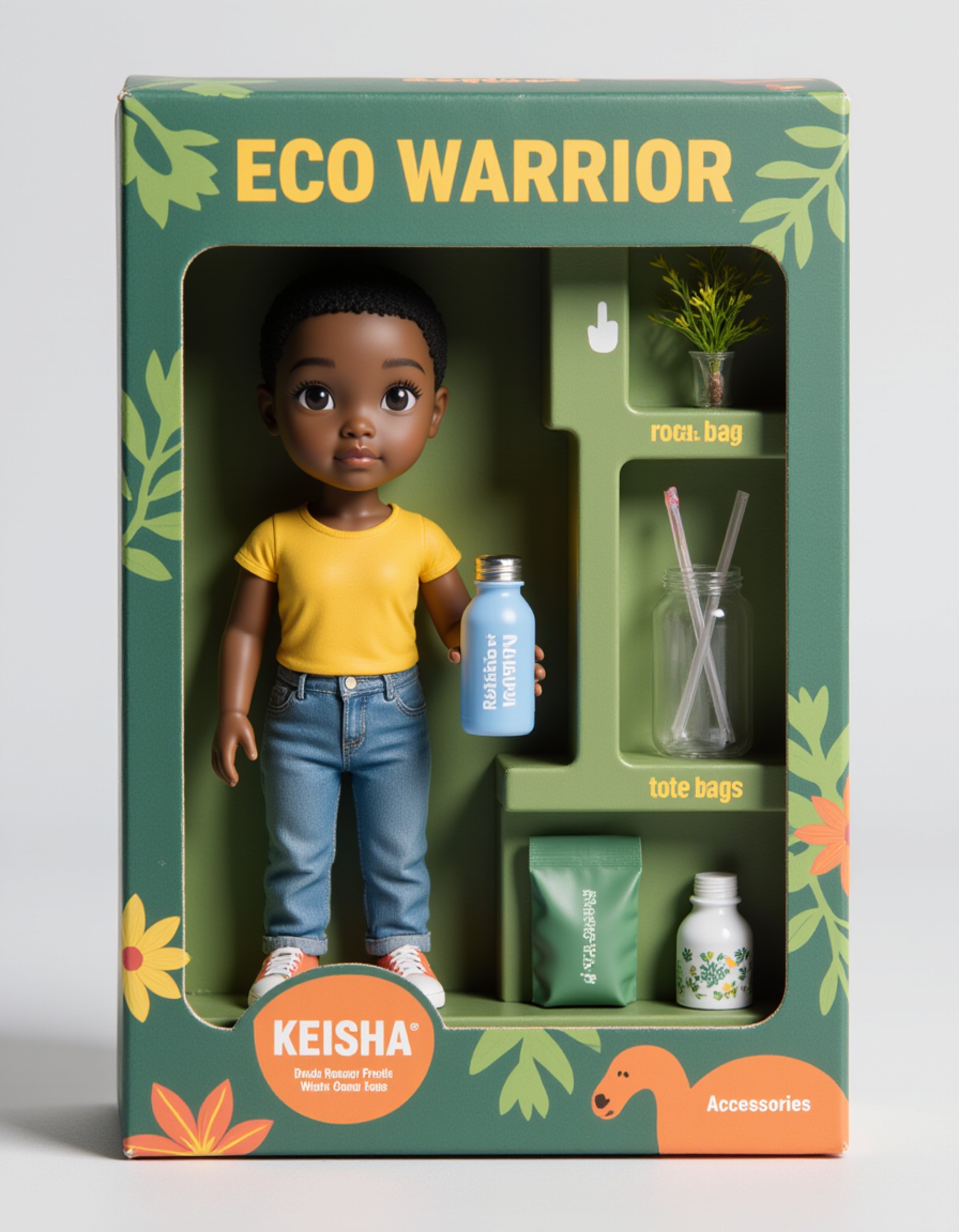 model as an action figure in packaging labeled 'ECO WARRIOR'. Use model as a reference for the face. Model is 6 inches tall and dressed in sustainable clothing, holding a reusable water bottle. The cardboard section should be forest green. Include an 'Accessories' section with items like reusable straw, tote bag, and plant sapling. Make the design visually appealing and reflective of eco-conscious lifestyle. Do not include the character image on packaging.