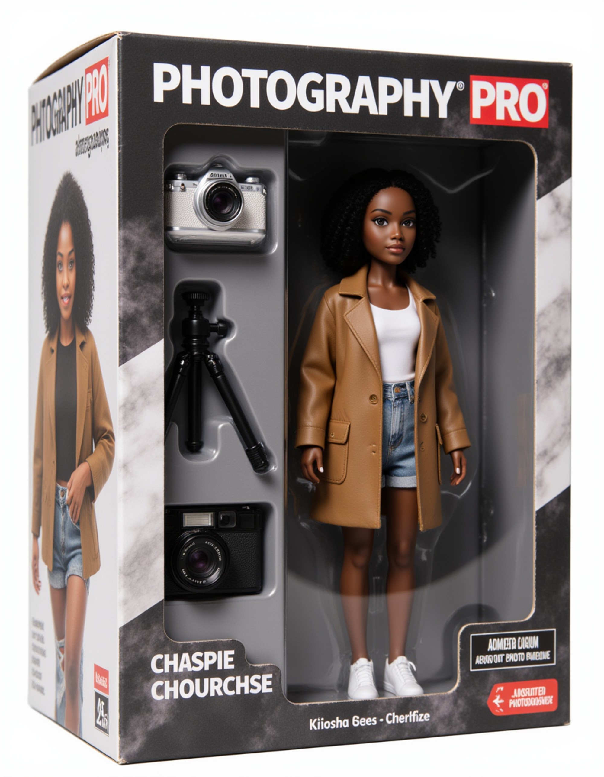model as an action figure in packaging labeled 'PHOTOGRAPHY PRO'. Use model as a reference for the face. Model is 6 inches tall and dressed in stylish photographer attire, holding a camera. The cardboard section should be charcoal gray. Include an 'Accessories' section with items like camera lens, tripod, and photo album. Make the design visually appealing and reflective of photography culture. Do not include the character image on packaging.