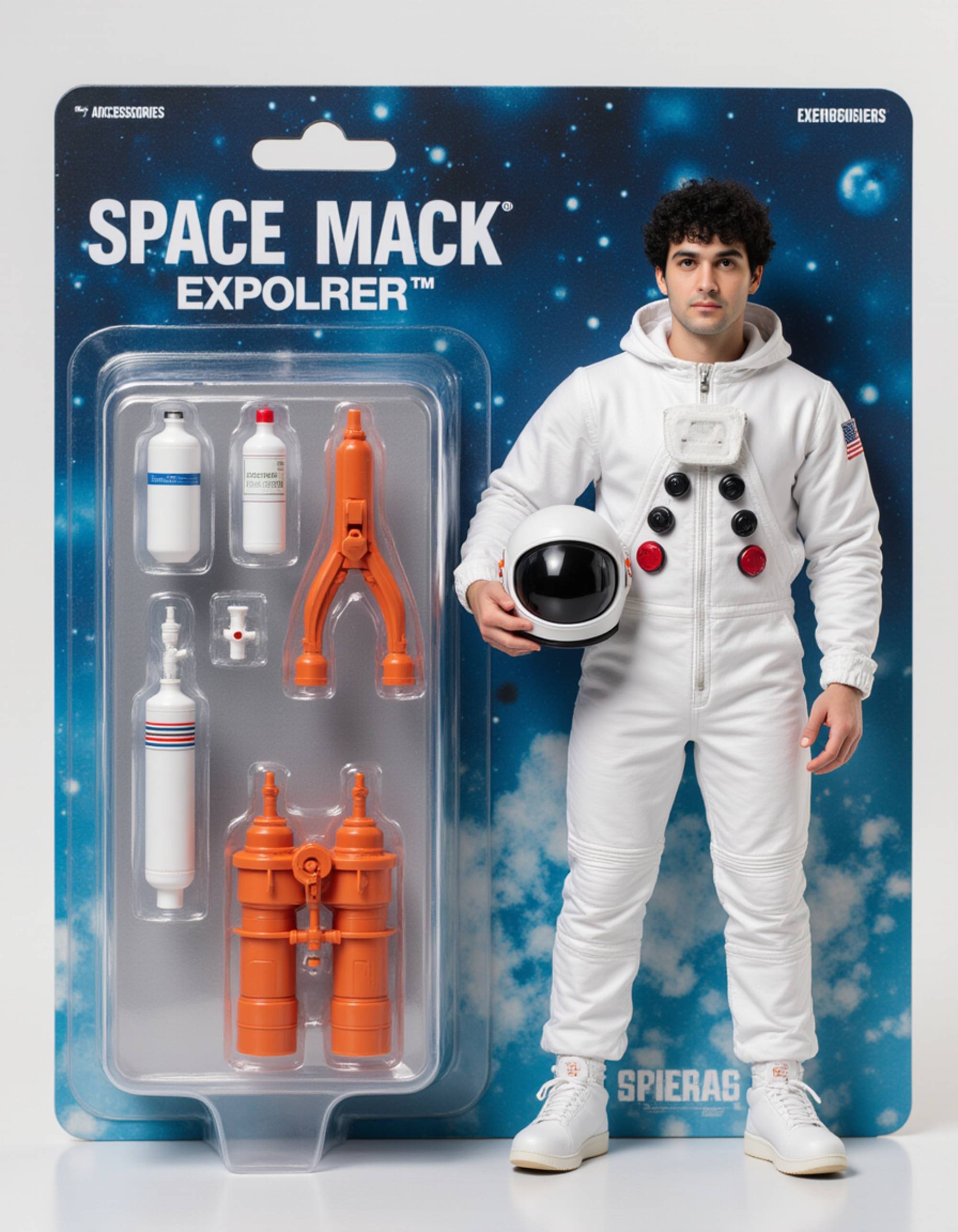 model as an action figure in packaging labeled 'SPACE EXPLORER'. Use model as a reference for the face. Model is 6 inches tall and dressed in a futuristic astronaut suit, holding a space helmet. The cardboard section should be silver. Include an 'Accessories' section with items like oxygen tank, space map, and laser tool. Make the design visually appealing and reflective of space exploration culture. Do not include the character image on packaging.