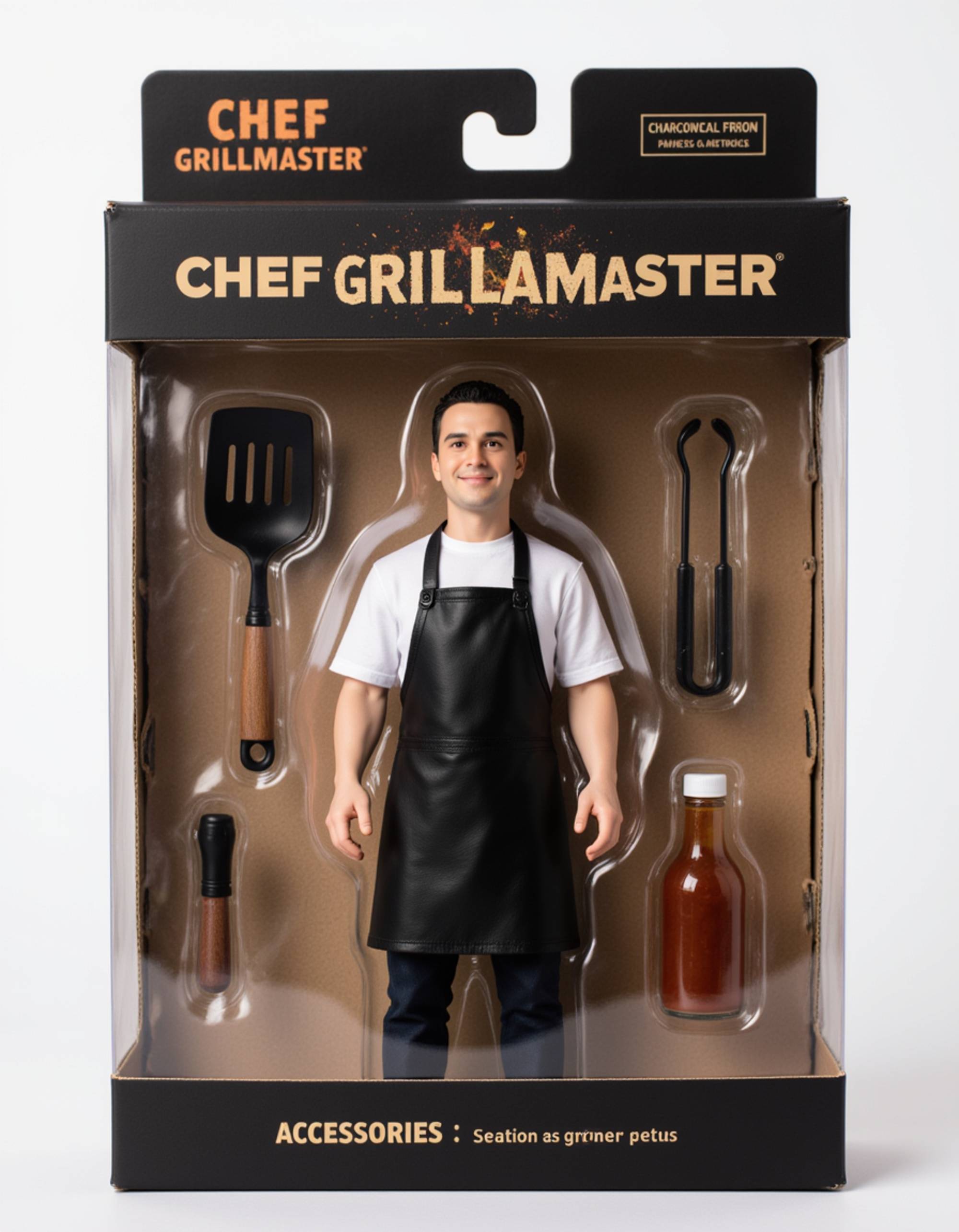 model as an action figure in packaging labeled 'CHEF GRILLMASTER'. Use model as a reference for the face. Model is 6 inches tall and dressed in a barbecue chef outfit, holding a spatula. The cardboard section should be charcoal black. Include an 'Accessories' section with items like grill tongs, apron, and sauce bottle. Make the design visually appealing and reflective of barbecue culture. Do not include the character image on packaging.