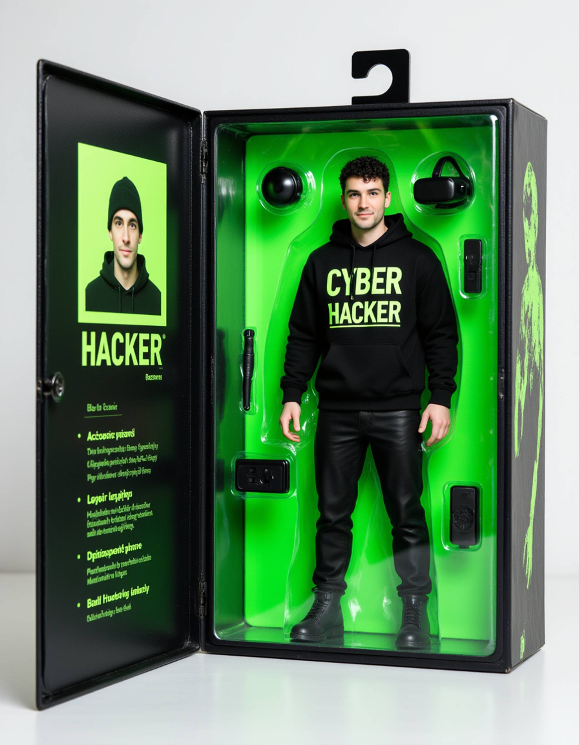 model as an action figure in packaging labeled 'CYBER HACKER'. Use model as a reference for the face. Model is 6 inches tall and dressed in cyberpunk attire with a hoodie, holding a USB drive. The cardboard section should be neon green. Include an 'Accessories' section with items like laptop, VR goggles, and encrypted phone. Make the design visually appealing and reflective of hacking culture. Do not include the character image on packaging.