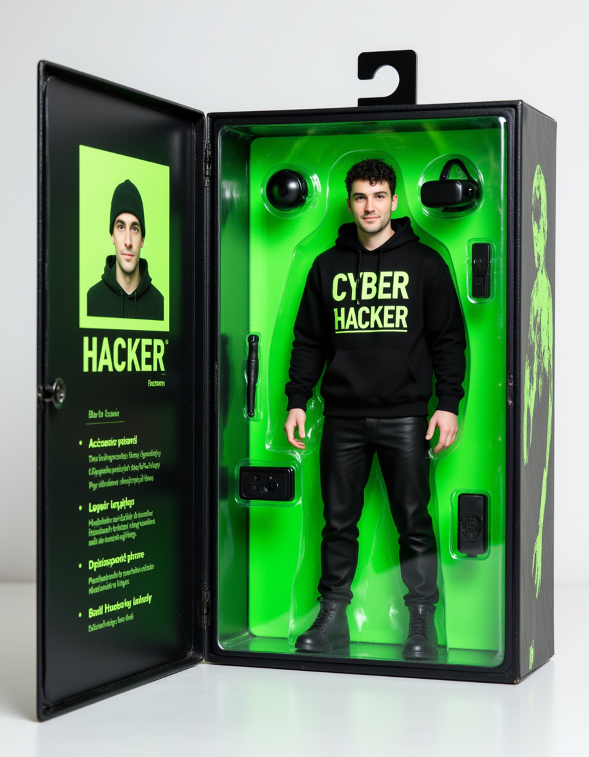 model as an action figure in packaging labeled 'CYBER HACKER'. Use model as a reference for the face. Model is 6 inches tall and dressed in cyberpunk attire with a hoodie, holding a USB drive. The cardboard section should be neon green. Include an 'Accessories' section with items like laptop, VR goggles, and encrypted phone. Make the design visually appealing and reflective of hacking culture. Do not include the character image on packaging.