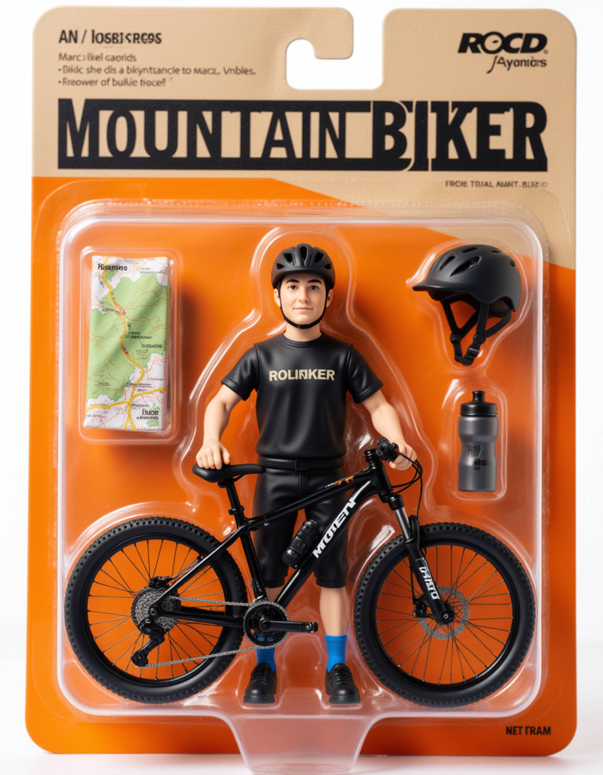 model as an action figure in packaging labeled 'MOUNTAIN BIKER'. Use model as a reference for the face. Model is 6 inches tall and dressed in biking gear, holding a mountain bike. The cardboard section should be burnt orange. Include an 'Accessories' section with items like bike helmet, water bottle, and trail map. Make the design visually appealing and reflective of biking culture. Do not include the character image on packaging.