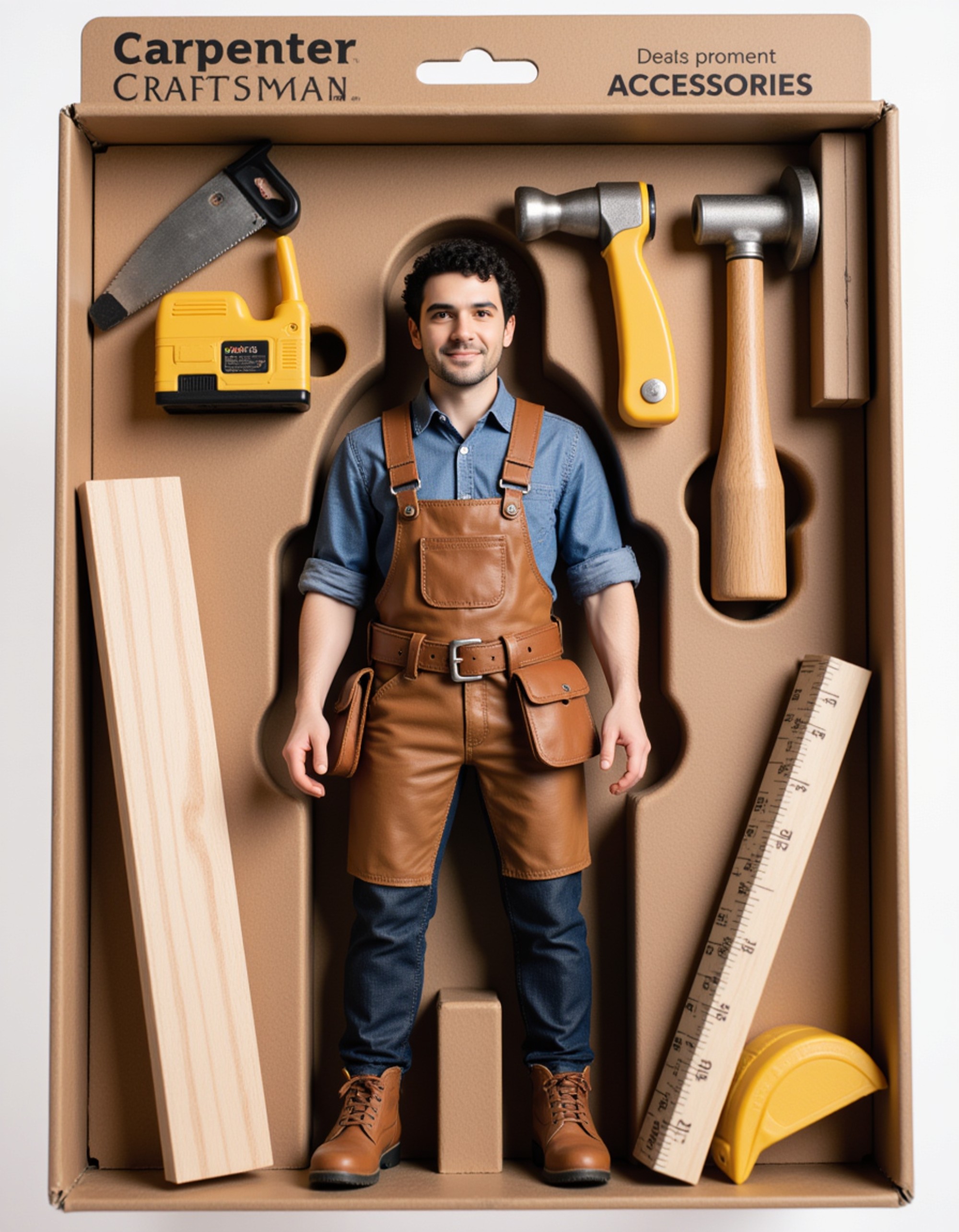 model as an action figure in packaging labeled 'CARPENTER CRAFTSMAN'. Use model as a reference for the face. Model is 6 inches tall and dressed in carpenter attire with a tool belt, holding a hammer. The cardboard section should be wood brown. Include an 'Accessories' section with items like saw, measuring tape, and wood plank. Make the design visually appealing and reflective of woodworking culture. Do not include the character image on packaging.