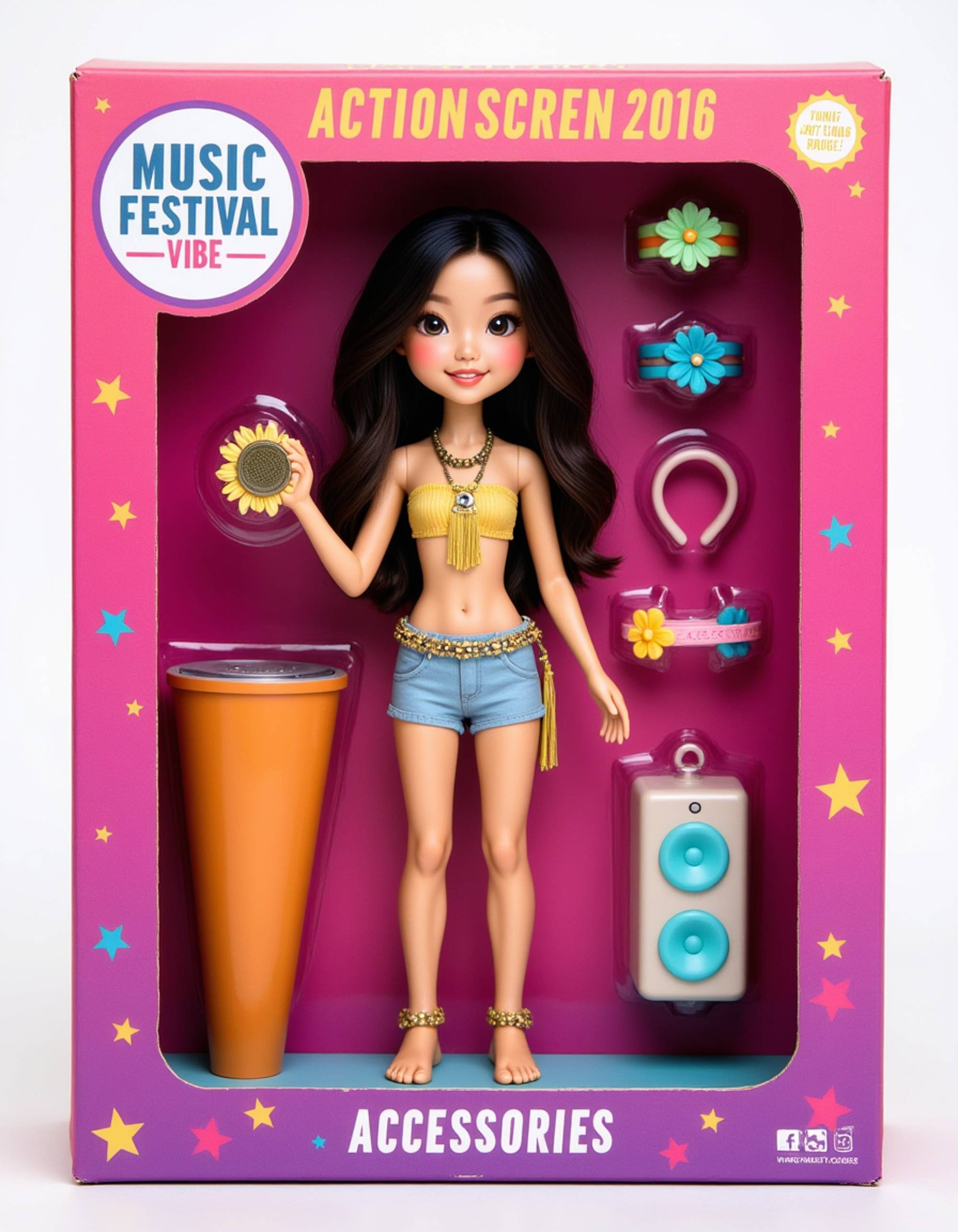 model as an action figure in packaging labeled 'MUSIC FESTIVAL VIBE'. Use model as a reference for the face. Model is 6 inches tall and dressed in boho festival attire with fringe, holding a tambourine. The cardboard section should be vibrant magenta. Include an 'Accessories' section with items like flower headband, wristbands, and portable speaker. Make the design visually appealing and reflective of music festival culture. Do not include the character image on packaging.