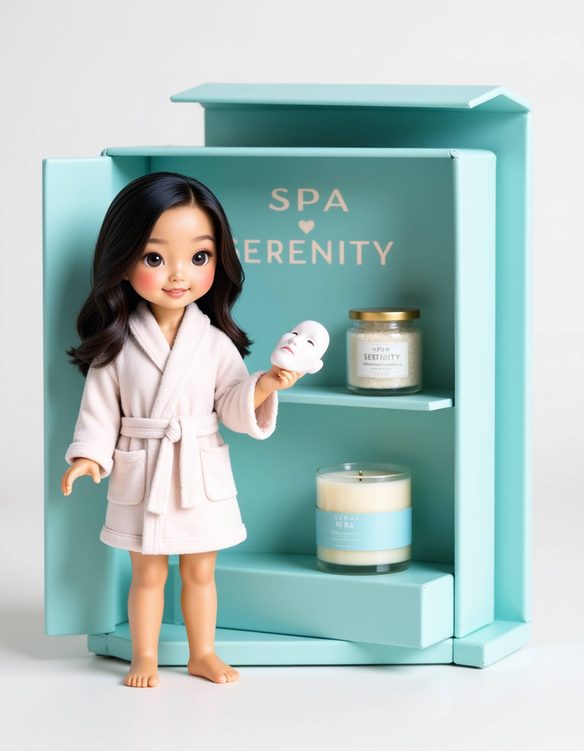 model as an action figure in packaging labeled 'SPA SERENITY'. Use model as a reference for the face. Model is 6 inches tall and dressed in a plush robe, holding a face mask. The cardboard section should be soft aqua. Include an 'Accessories' section with items like scented candle, bath salts, and massage roller. Make the design visually appealing and reflective of spa and wellness culture. Do not include the character image on packaging.