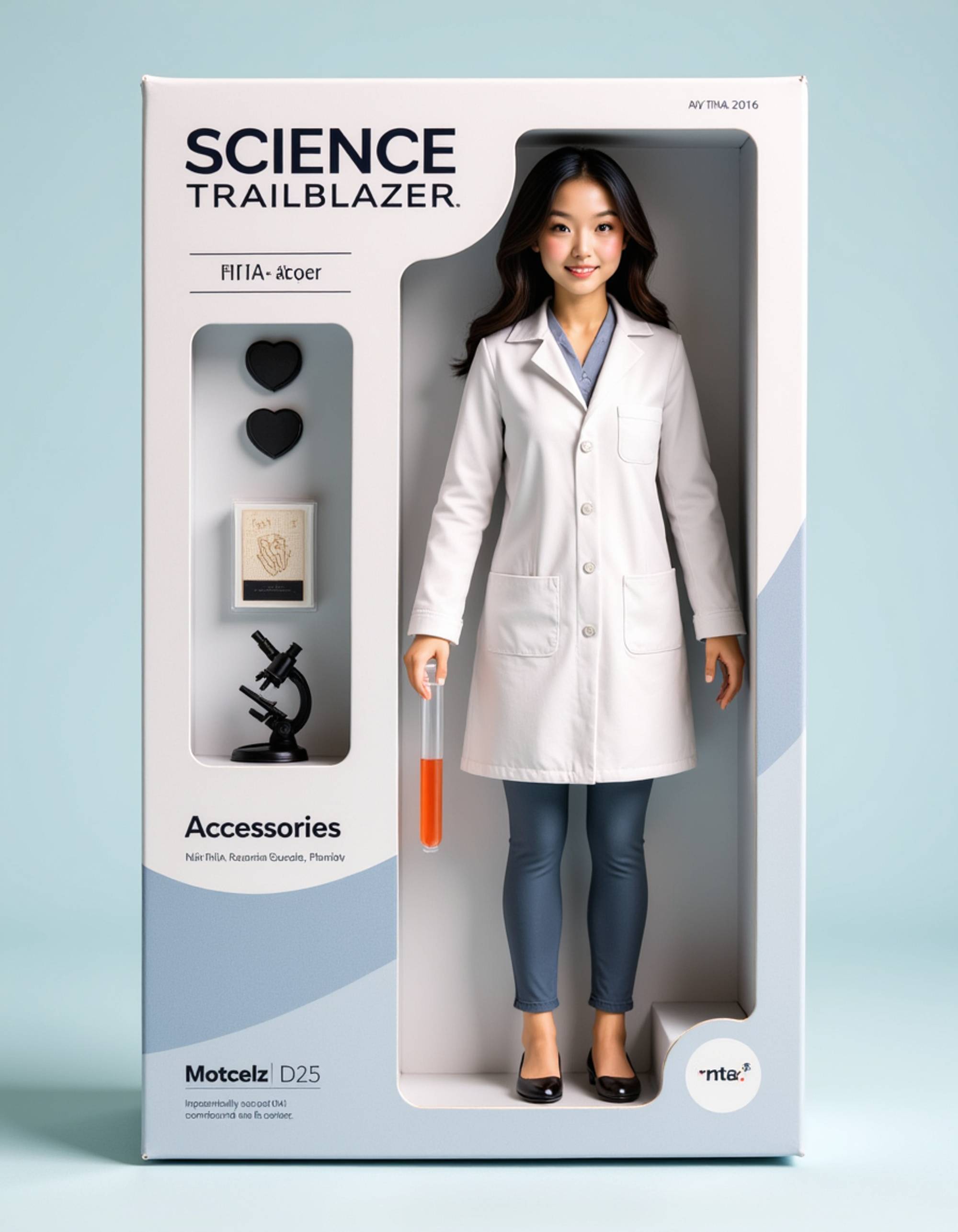 model as an action figure in packaging labeled 'SCIENCE TRAILBLAZER'. Use model as a reference for the face. Model is 6 inches tall and dressed in a lab coat, holding a test tube. The cardboard section should be crisp white. Include an 'Accessories' section with items like microscope, lab notebook, and safety goggles. Make the design visually appealing and reflective of scientific discovery culture. Do not include the character image on packaging.