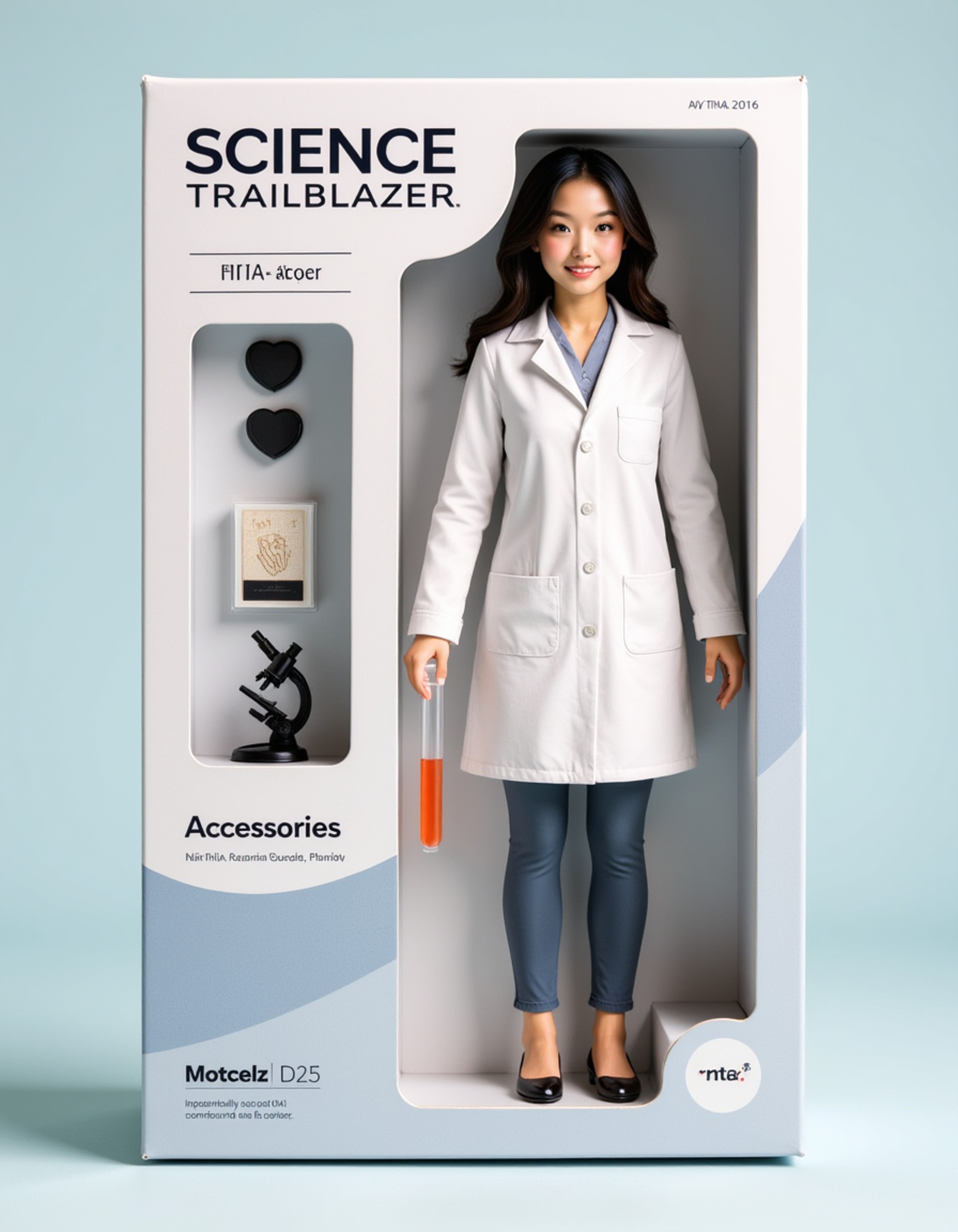 model as an action figure in packaging labeled 'SCIENCE TRAILBLAZER'. Use model as a reference for the face. Model is 6 inches tall and dressed in a lab coat, holding a test tube. The cardboard section should be crisp white. Include an 'Accessories' section with items like microscope, lab notebook, and safety goggles. Make the design visually appealing and reflective of scientific discovery culture. Do not include the character image on packaging.