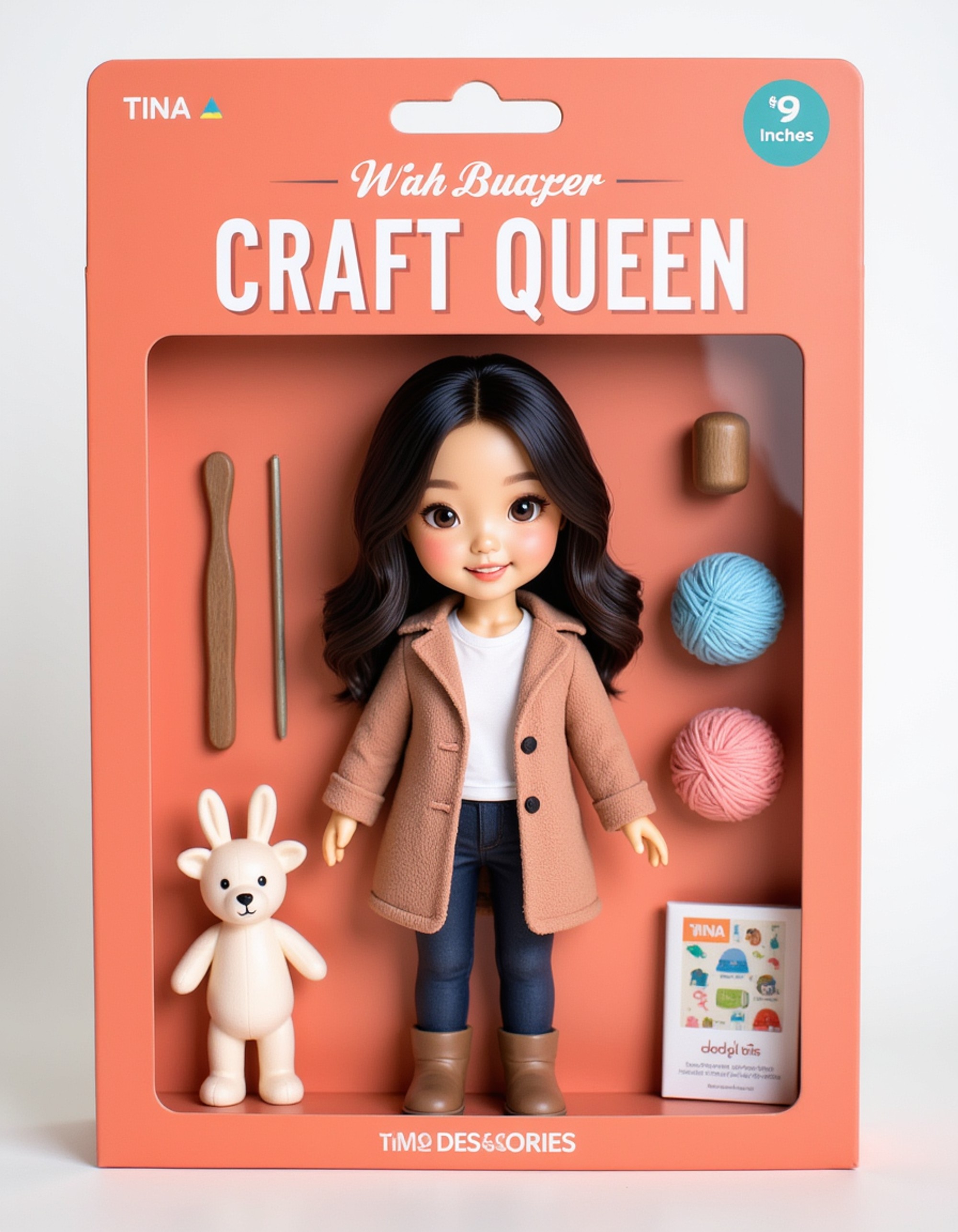 model as an action figure in packaging labeled 'CRAFT QUEEN'. Use model as a reference for the face. Model is 6 inches tall and dressed in cozy crafting attire, holding a knitting needle. The cardboard section should be warm coral. Include an 'Accessories' section with items like yarn ball, scissors, and craft pattern book. Make the design visually appealing and reflective of DIY crafting culture. Do not include the character image on packaging.