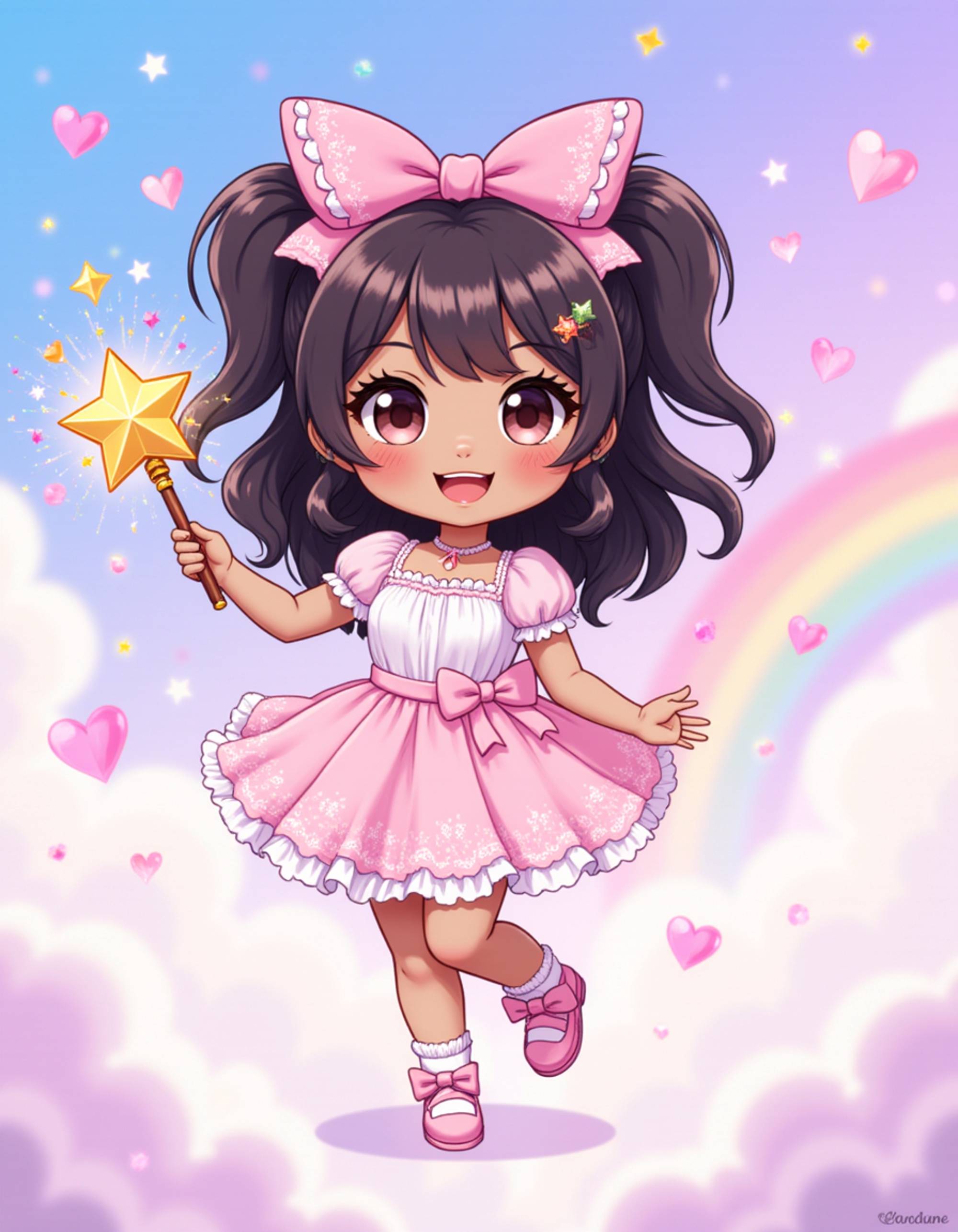 The model as a chibi magical girl, wearing a frilly pastel dress with ribbons and bows, holding a star-tipped wand. Sparkling transformation effects surround her with hearts and glitter. The background is a dreamy sky filled with floating gems and rainbow clouds. The style is in cute chibi anime illustration.