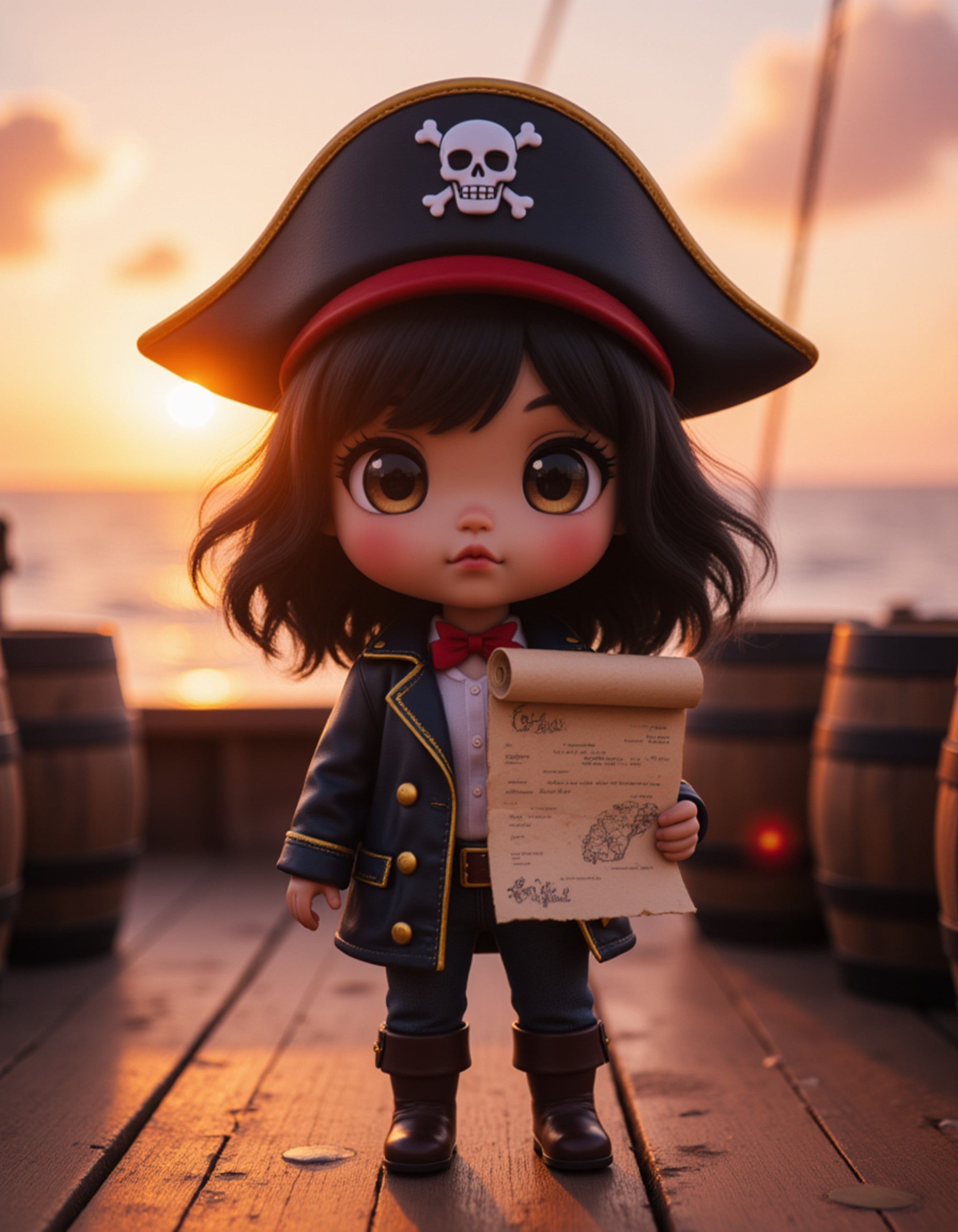 The model as a chibi pirate captain, wearing a tiny pirate hat with a skull emblem, a miniature coat with gold buttons, and holding a treasure map. The background is a wooden ship deck with barrels and a glowing sunset ocean. The style is in cute chibi anime illustration.