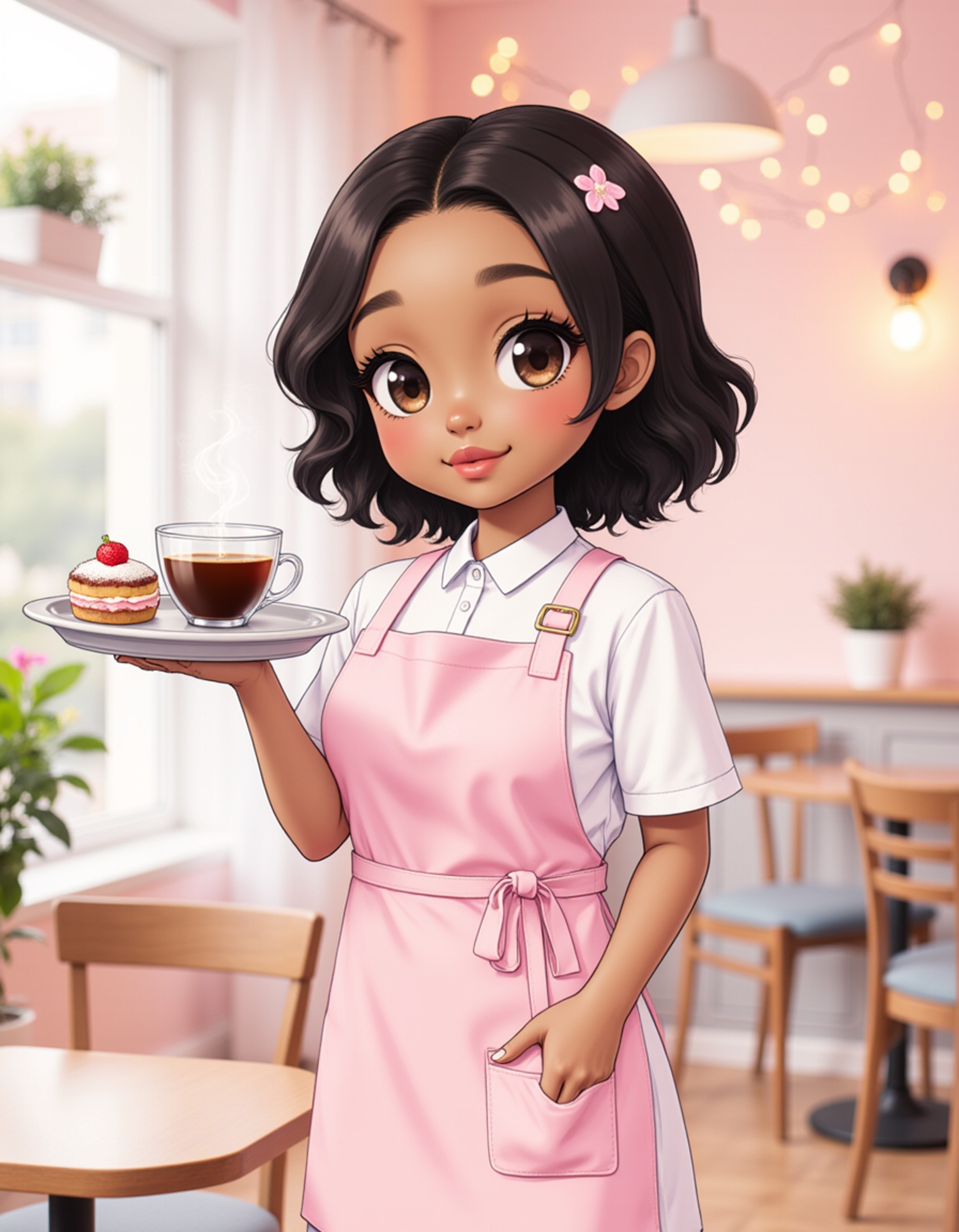 The model as a chibi café worker, dressed in an adorable apron over a pastel uniform, holding a tray with tiny desserts and coffee. The background is a cozy pastel-colored café with string lights and potted plants. The style is in cute chibi anime illustration.