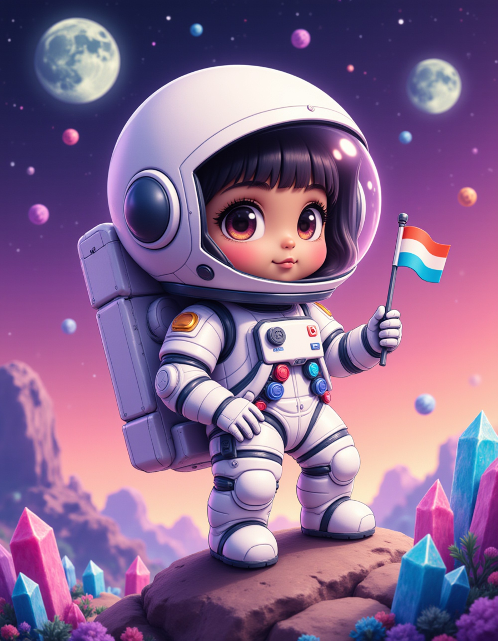 The model as a chibi space adventurer, wearing a bulky astronaut suit with a large helmet showing their face, holding a tiny flag. The background is a colorful alien planet with floating crystals and two moons in a purple sky. The style is in cute chibi anime illustration.