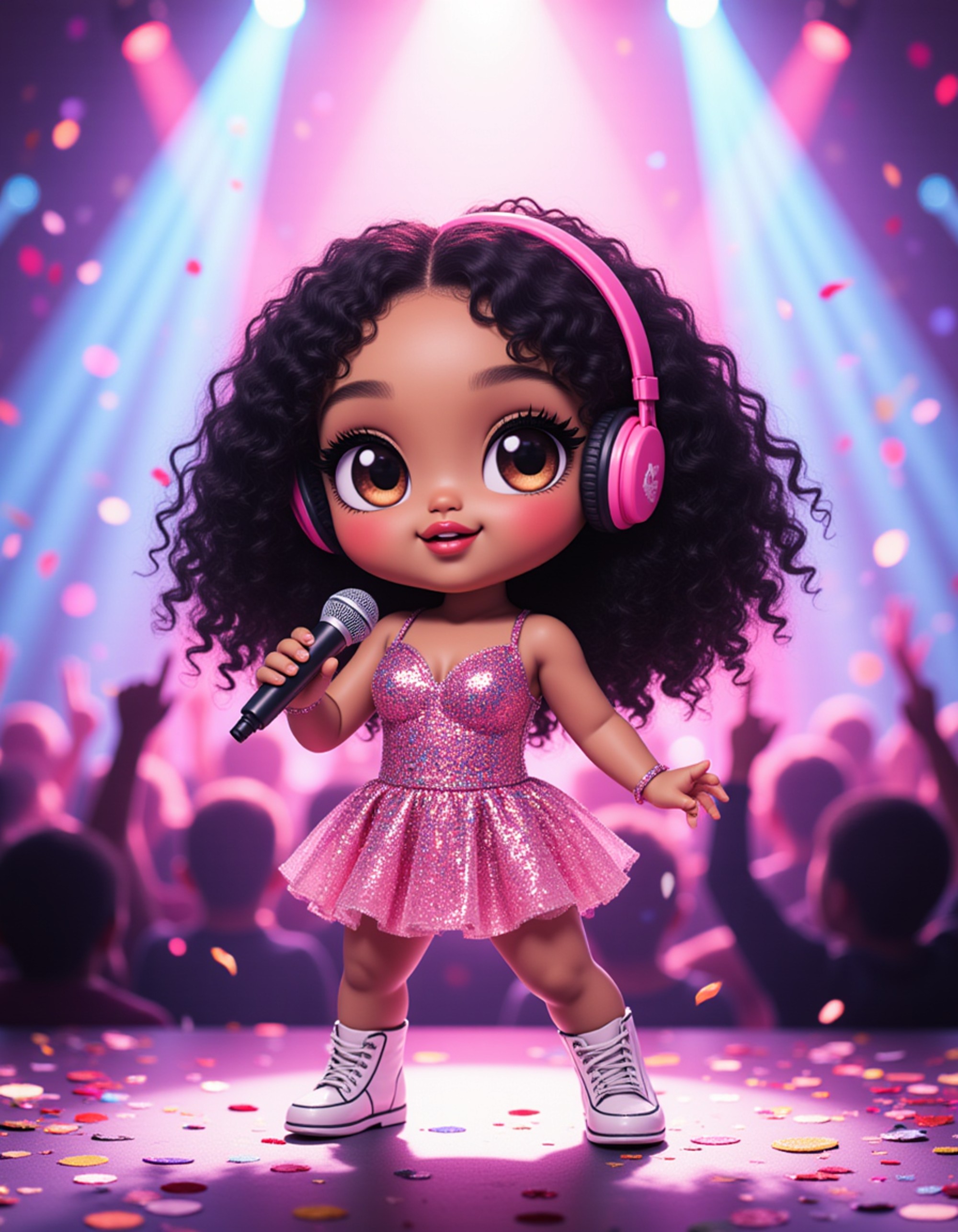 The model as a chibi musician idol, wearing a sparkly concert outfit with a microphone headset, striking a dynamic singing pose. The background is a bright stage with colorful spotlights, confetti, and cheering crowd silhouettes. The style is in cute chibi anime illustration.