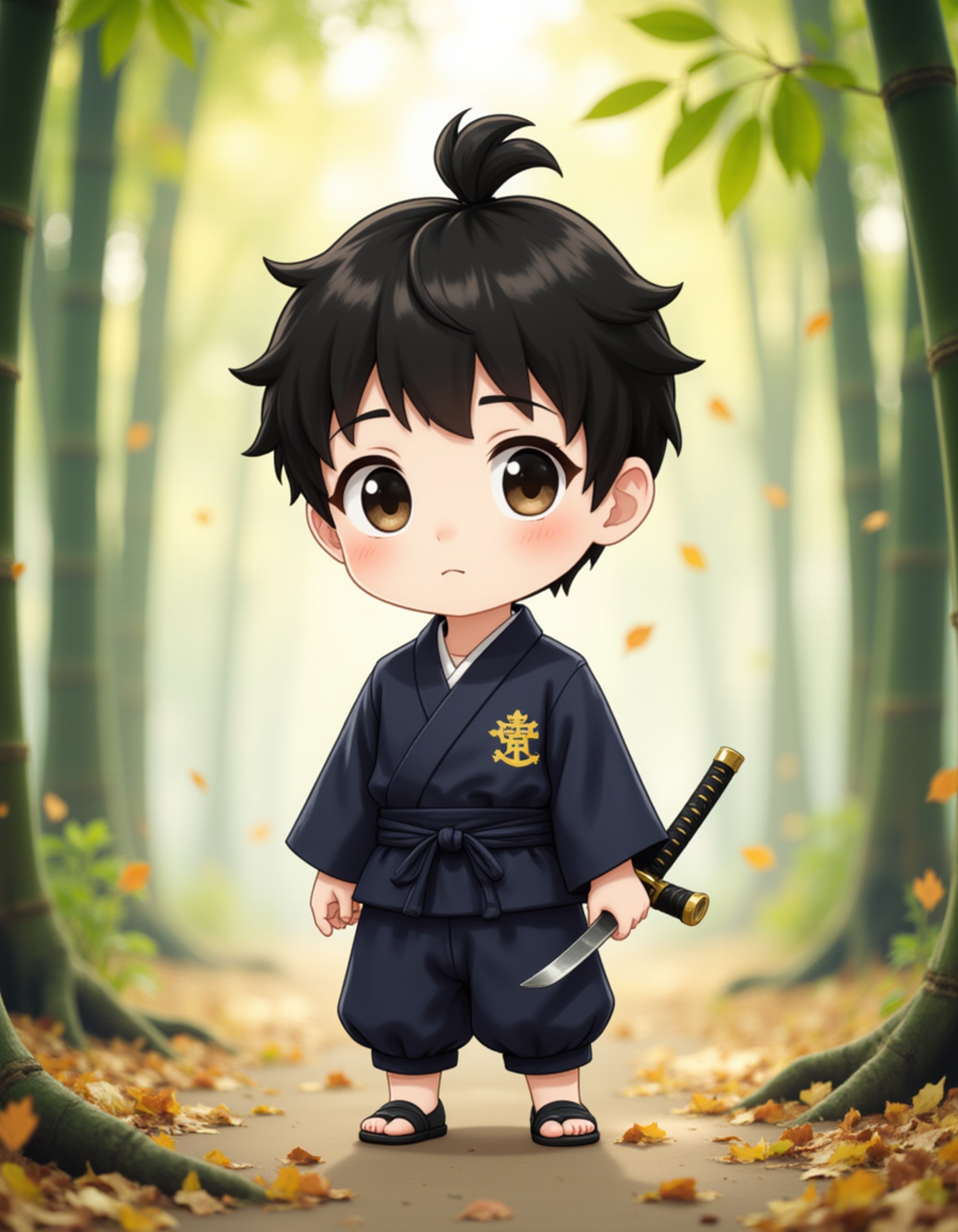 The model as a chibi samurai warrior, wearing traditional hakama pants and a mini haori jacket with a katana at his side. His hair is tied in a small topknot. The background is a serene bamboo forest with falling leaves and soft morning light. The style is in cute chibi anime illustration.