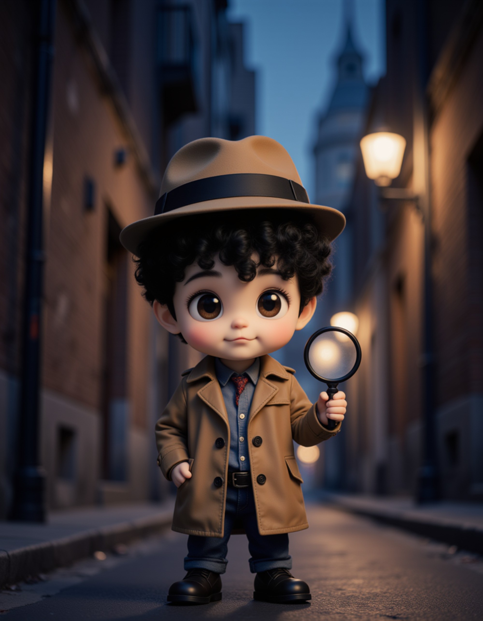 The model as a chibi detective, wearing a tiny trench coat and fedora hat, holding a magnifying glass with a confident expression. The background is a noir-style city street at night with glowing lampposts and mysterious shadows. The style is in cute chibi anime illustration.