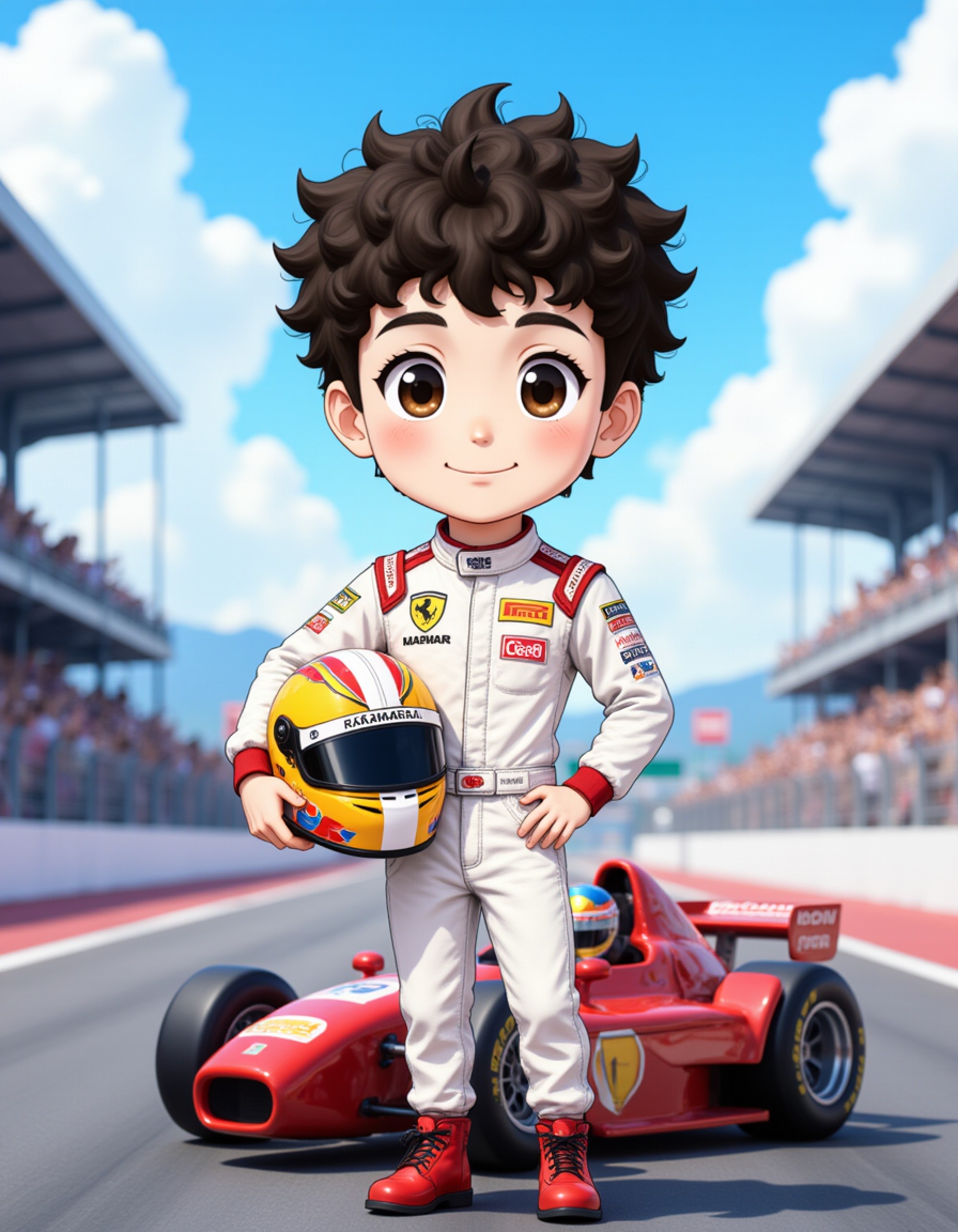 The model as a chibi race car driver, wearing a racing suit with sponsor patches and a helmet under his arm, standing next to a miniature sports car. The background is a vibrant racing track with checkered flags and cheering crowds. The style is in cute chibi anime illustration.