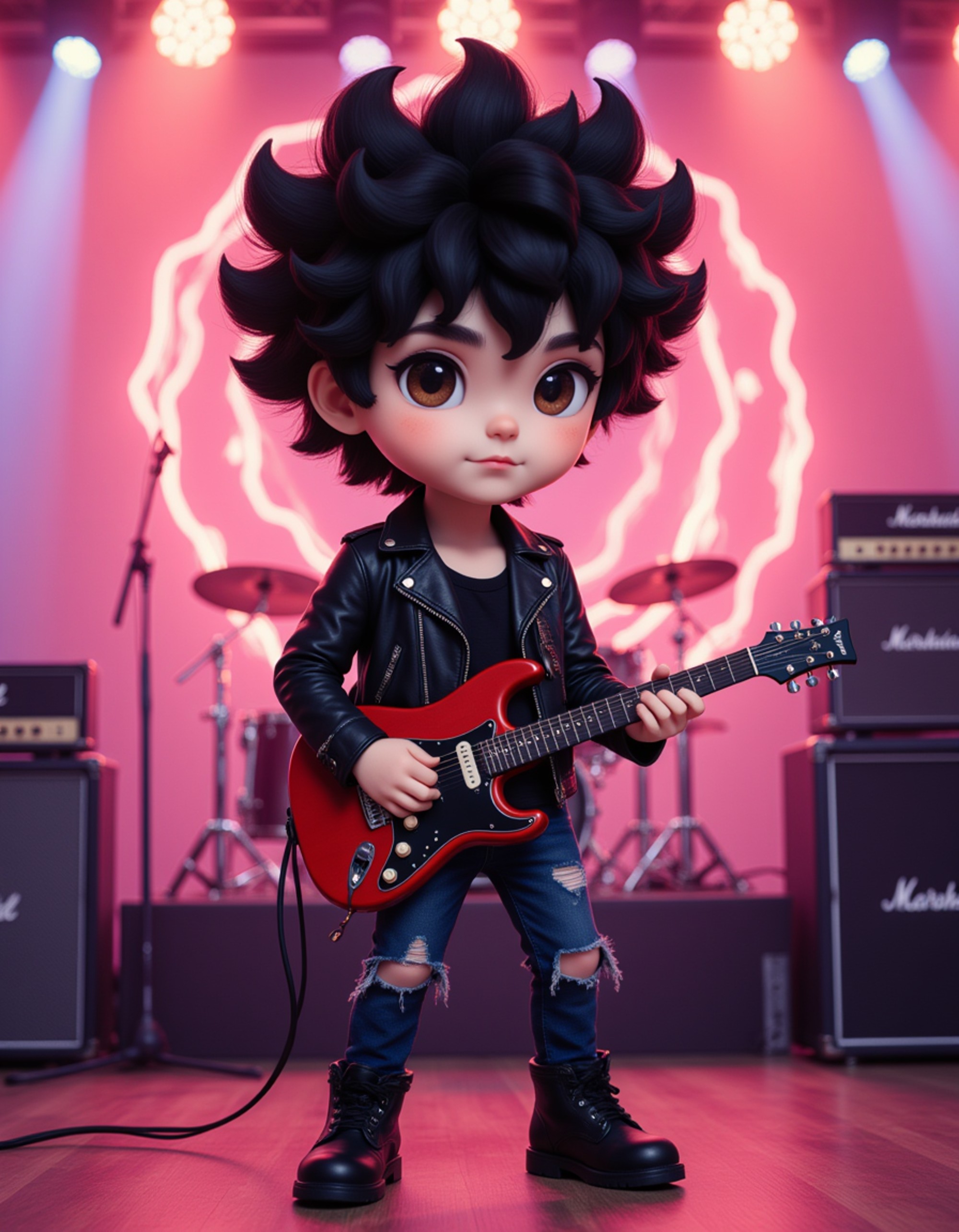 The model as a chibi rockstar guitarist, wearing a leather jacket with studs, ripped jeans, and holding an electric guitar. His hair is wild and spiky. The background is a concert stage with amplifiers, dramatic lighting, and electric energy effects. The style is in cute chibi anime illustration.