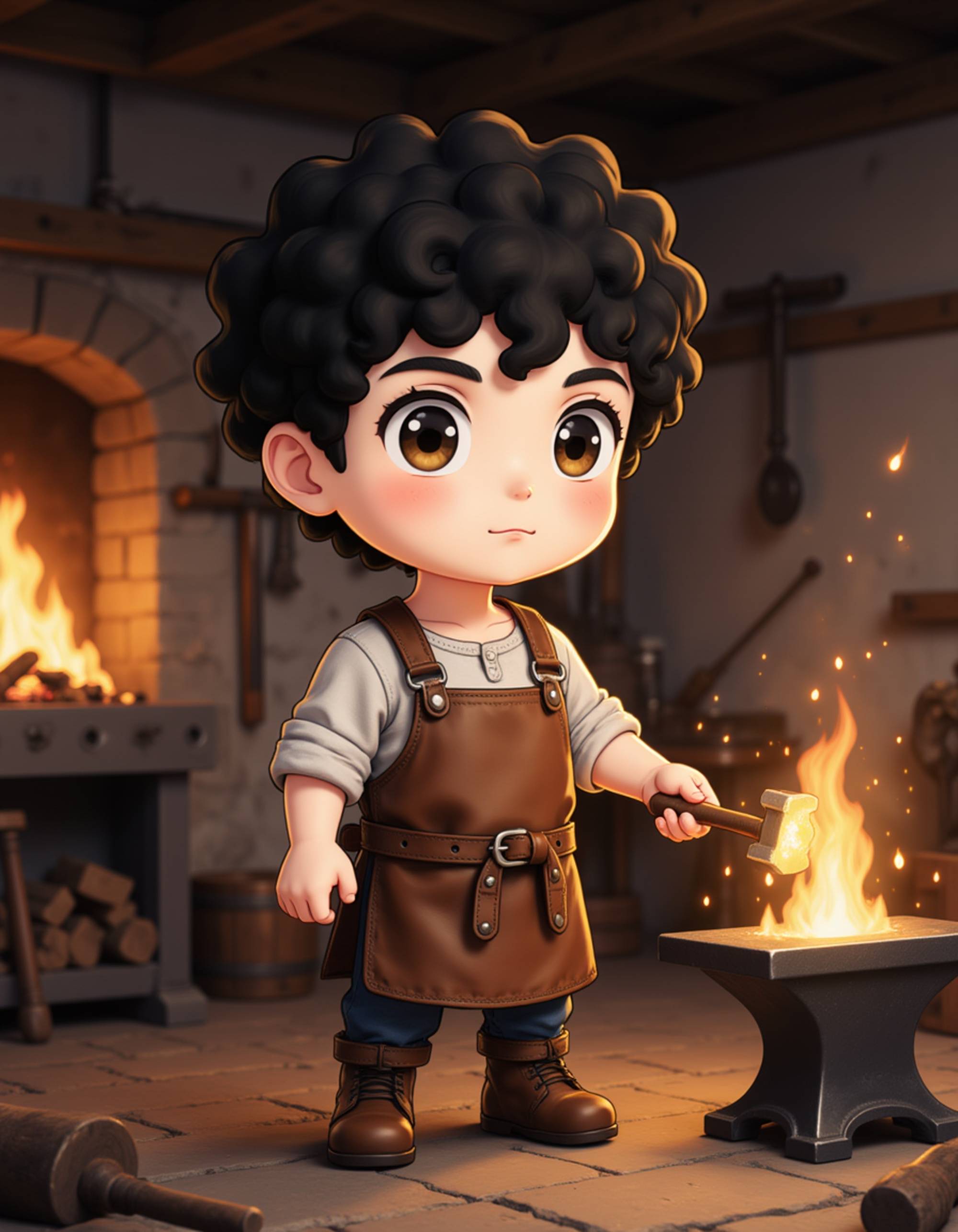 The model as a chibi medieval blacksmith, wearing a leather apron over a simple tunic, holding a tiny hammer and standing beside a glowing anvil. Sparks fly in the air around him. The background is a rustic forge workshop with tools and weapons on the walls. The style is in cute chibi anime illustration.