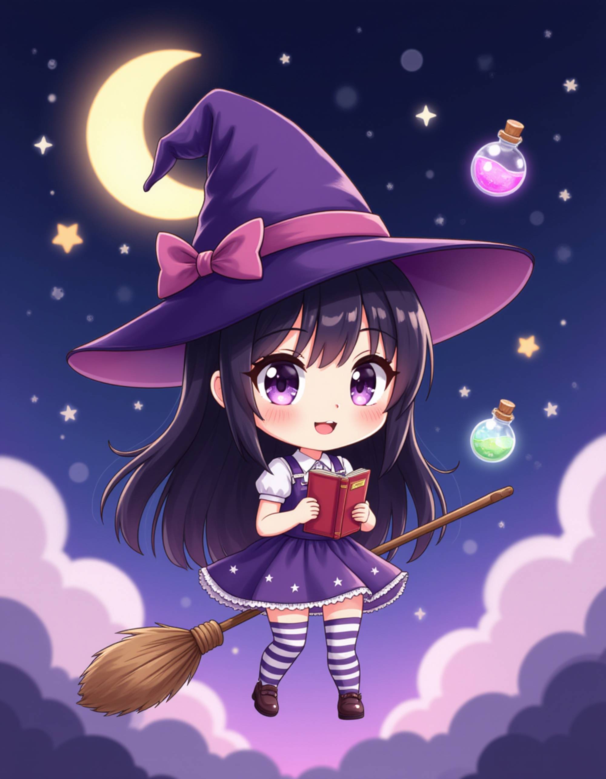 The model as a chibi witch, wearing a pointy hat with a bow, a flowing mini dress with star patterns, and striped stockings. She holds a glowing spellbook and a tiny broomstick. The background is a magical night sky with a crescent moon, floating potion bottles, and sparkles. The style is in cute chibi anime illustration.