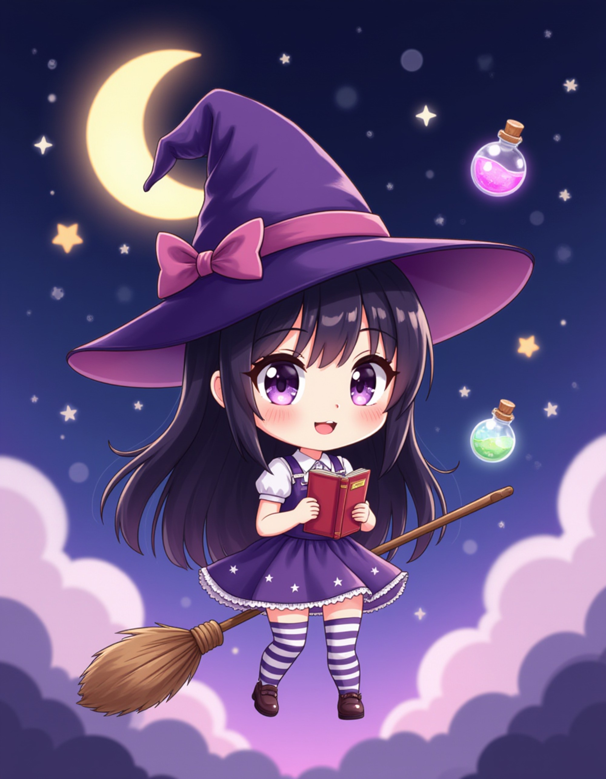 The model as a chibi witch, wearing a pointy hat with a bow, a flowing mini dress with star patterns, and striped stockings. She holds a glowing spellbook and a tiny broomstick. The background is a magical night sky with a crescent moon, floating potion bottles, and sparkles. The style is in cute chibi anime illustration.