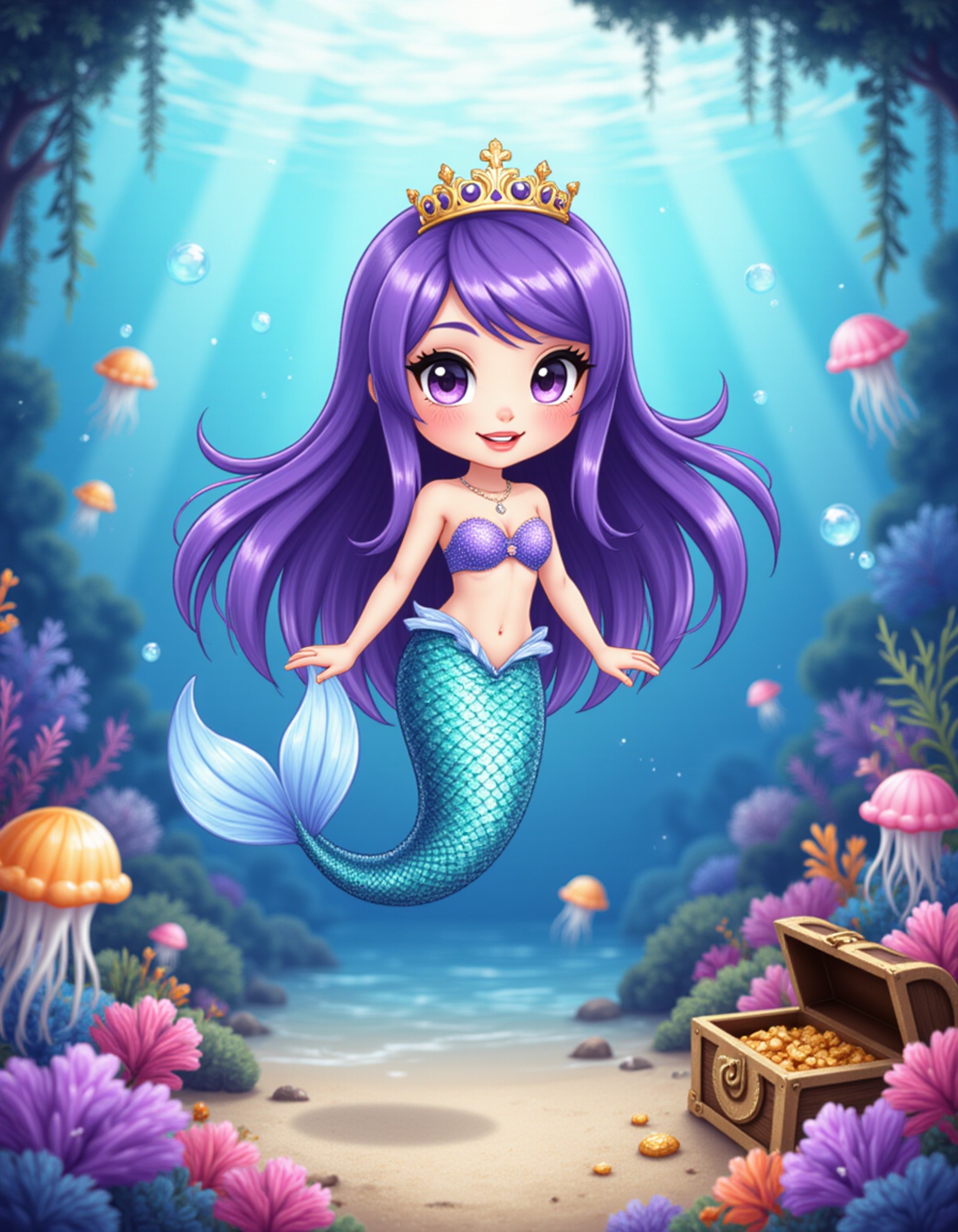 The model as a chibi mermaid princess, wearing a shimmering scale-patterned top and a flowing tail with iridescent colors. Her hair flows with underwater bubbles and she wears a tiny seashell crown. The background is an enchanted coral reef with glowing jellyfish and treasure chests. The style is in cute chibi anime illustration.