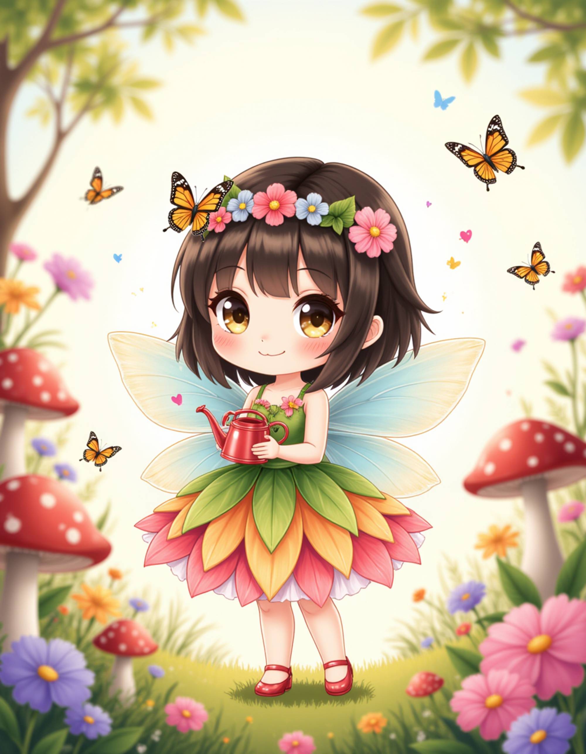 The model as a chibi flower fairy, wearing a dress made of layered petals in pastel colors with delicate wings on her back. She holds a tiny watering can surrounded by butterflies. The background is a whimsical garden filled with oversized flowers, mushrooms, and morning dew sparkles. The style is in cute chibi anime illustration.