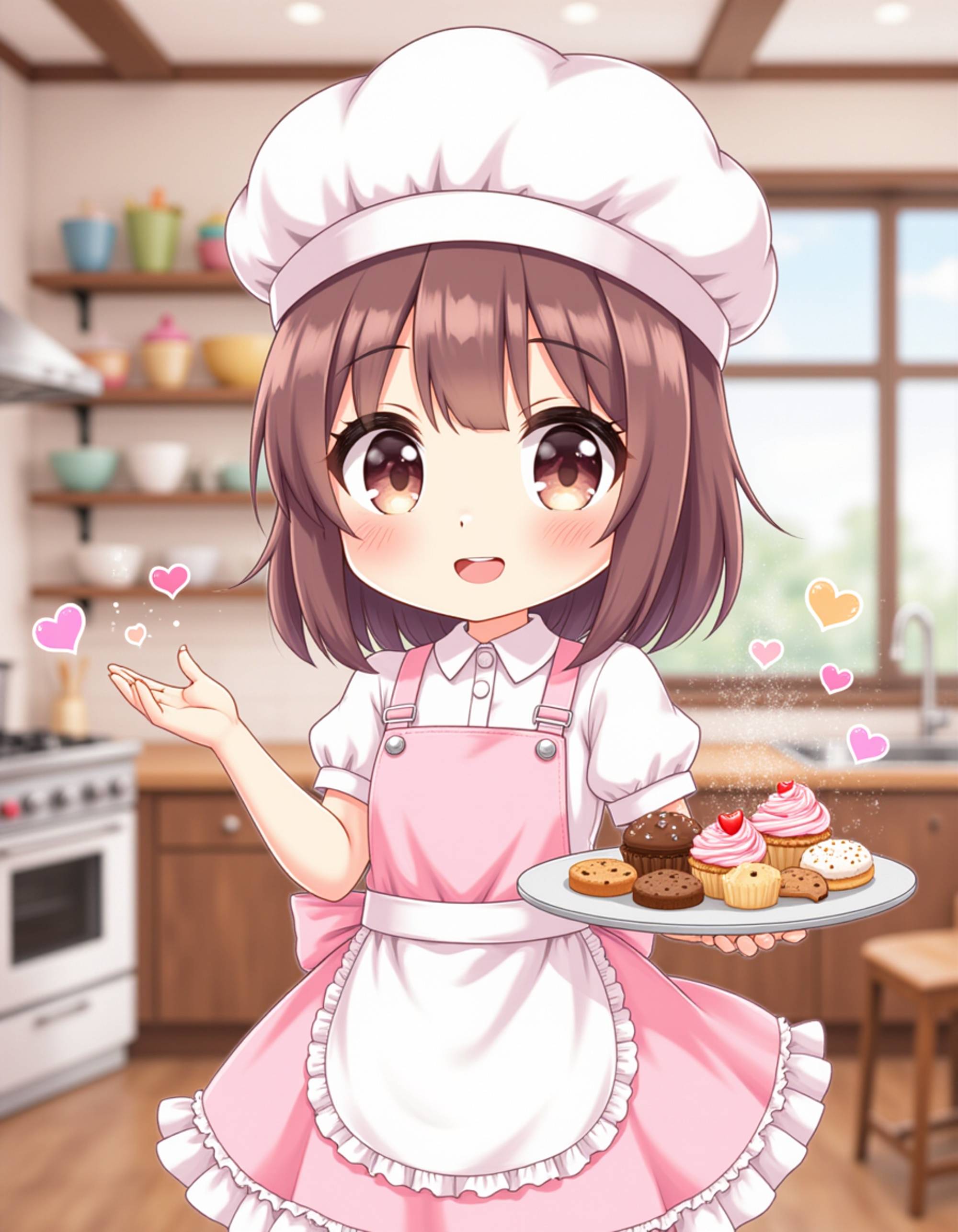 The model as a chibi baker chef, wearing a cute chef's hat and a frilly apron over a pastel dress, holding a tray of miniature cupcakes and cookies. Flour dust and hearts float around her. The background is a charming bakery kitchen with ovens, mixing bowls, and shelves of colorful desserts. The style is in cute chibi anime illustration.