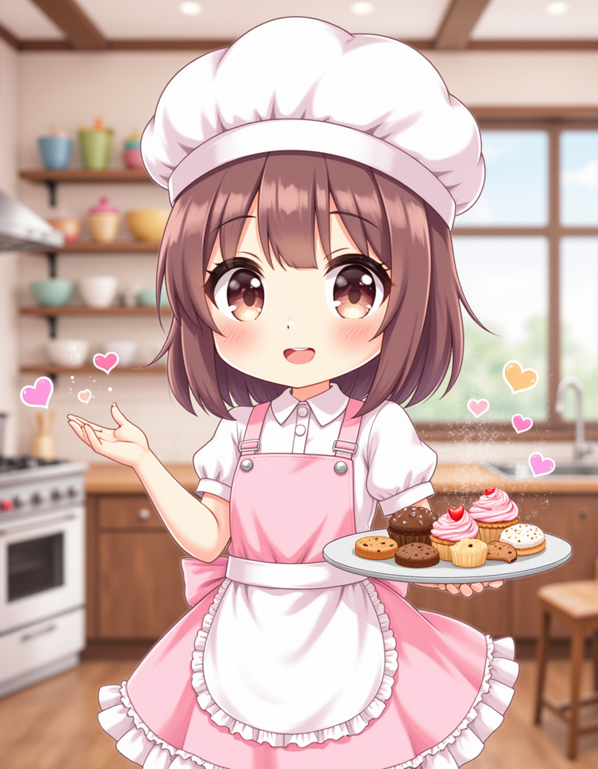 The model as a chibi baker chef, wearing a cute chef's hat and a frilly apron over a pastel dress, holding a tray of miniature cupcakes and cookies. Flour dust and hearts float around her. The background is a charming bakery kitchen with ovens, mixing bowls, and shelves of colorful desserts. The style is in cute chibi anime illustration.