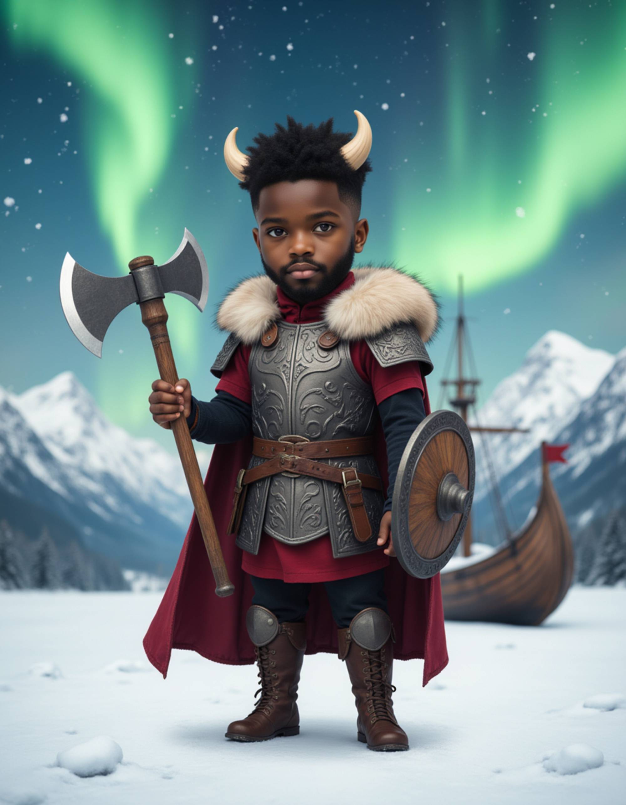 The model as a chibi Viking warrior, wearing fur-trimmed armor with a horned helmet, holding a tiny axe and wooden shield. His beard is small and braided. The background is a snowy mountain landscape with a longship and northern lights in the sky. The style is in cute chibi anime illustration.