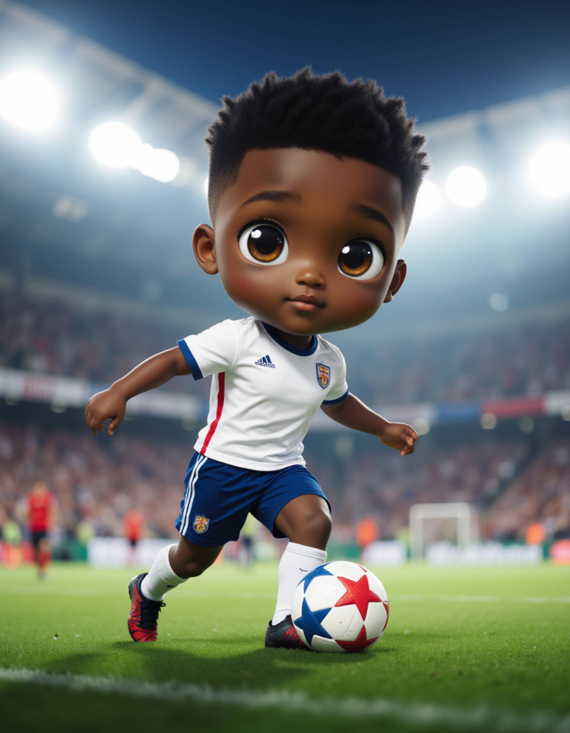 The model as a chibi soccer player, wearing a team jersey with shorts and cleats, dribbling a miniature soccer ball with an energetic pose. Sweat droplets and motion lines emphasize the action. The background is a packed stadium with bright floodlights and cheering fans. The style is in cute chibi anime illustration.