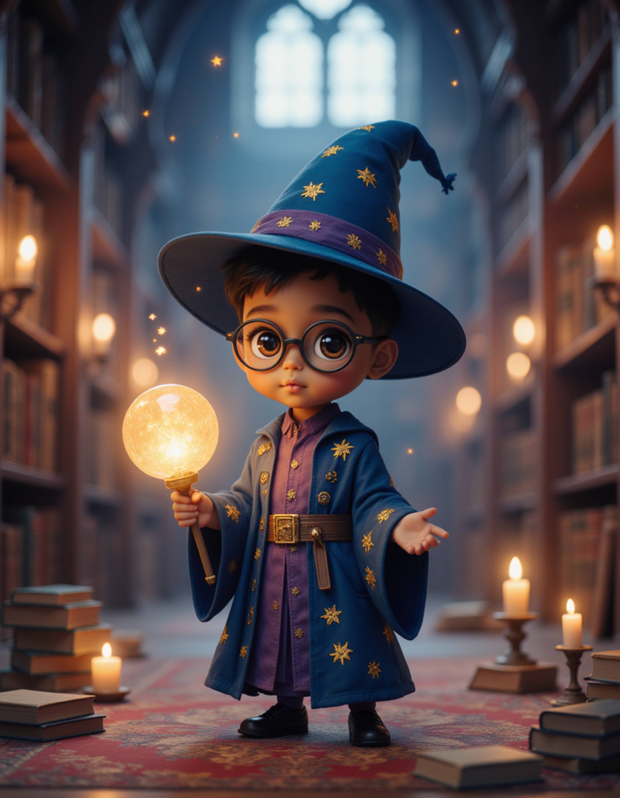 The model as a chibi wizard scholar, wearing flowing robes with mystical symbols, a tall pointed hat, and round glasses. He holds a glowing staff with a crystal orb. The background is an ancient library tower filled with floating books, candles, and magical runes. The style is in cute chibi anime illustration.