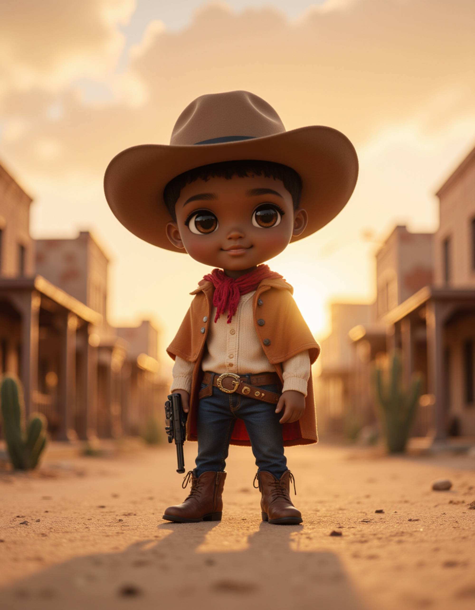 The model as a chibi cowboy gunslinger, wearing a wide-brimmed hat, poncho, and boots with spurs. He has a tiny revolver holstered at his side and a confident smirk. The background is a dusty Wild West town with saloons, cacti, and a setting sun. The style is in cute chibi anime illustration.