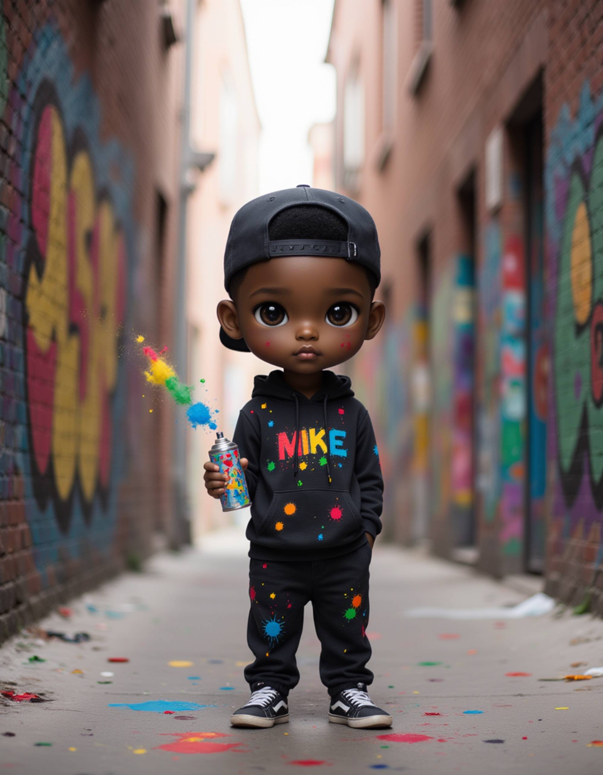 The model as a chibi street artist, wearing a hoodie with paint splatters, a backwards cap, and baggy pants. He holds a spray can with colorful mist coming out. The background is an urban alley with vibrant graffiti murals and brick walls. The style is in cute chibi anime illustration.